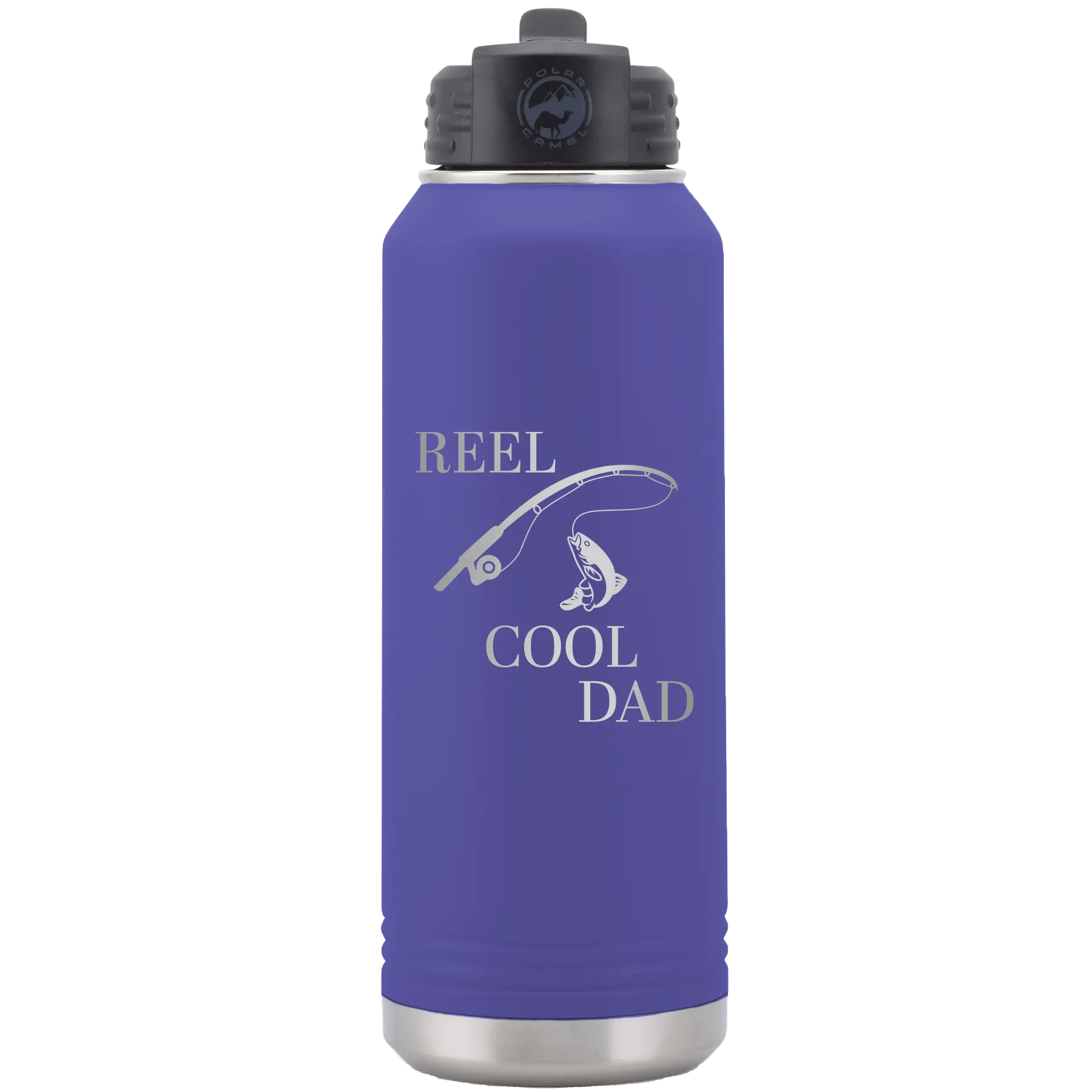 Laser etched purple 32 oz vacuum insulated water bottle with 'Reel Cool Dad' design