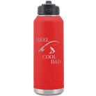 Laser etched red 32 oz vacuum insulated water bottle with 'Reel Cool Dad' design