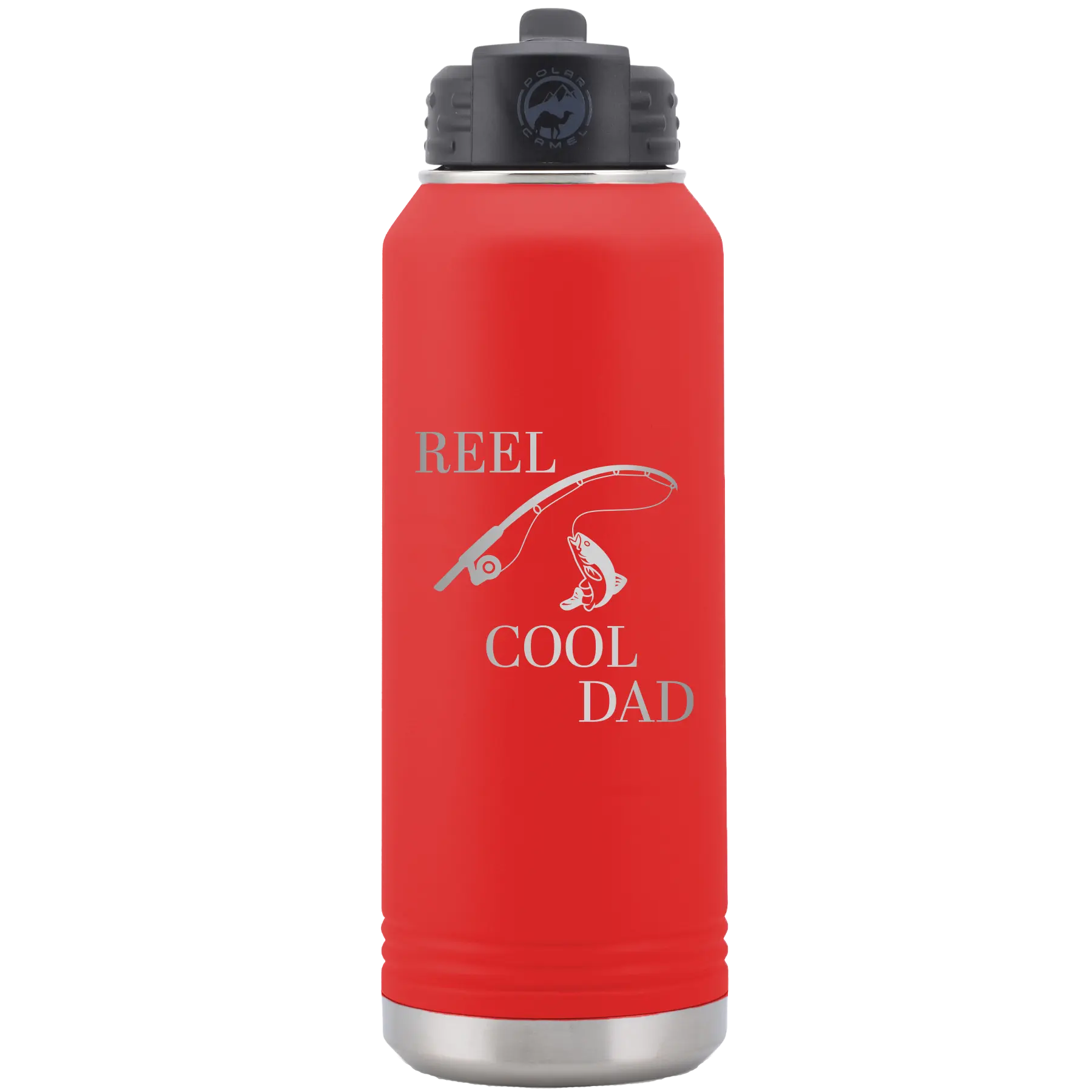Laser etched red 32 oz vacuum insulated water bottle with 'Reel Cool Dad' design