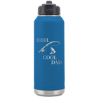 Laser etched royal blue 32 oz vacuum insulated water bottle with 'Reel Cool Dad' design