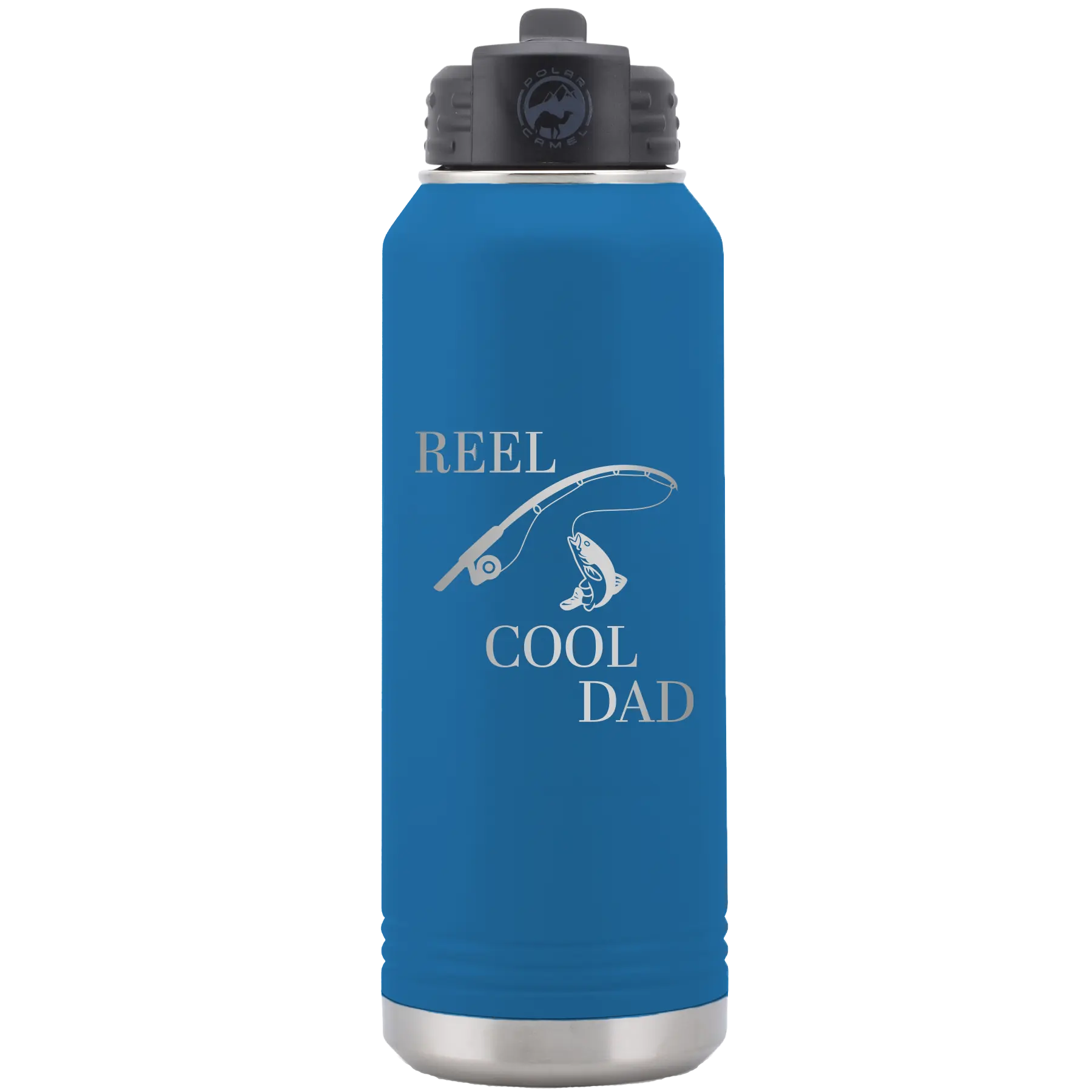 Laser etched royal blue 32 oz vacuum insulated water bottle with 'Reel Cool Dad' design