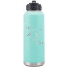 Laser etched teal 32 oz vacuum insulated water bottle with 'Reel Cool Dad' design