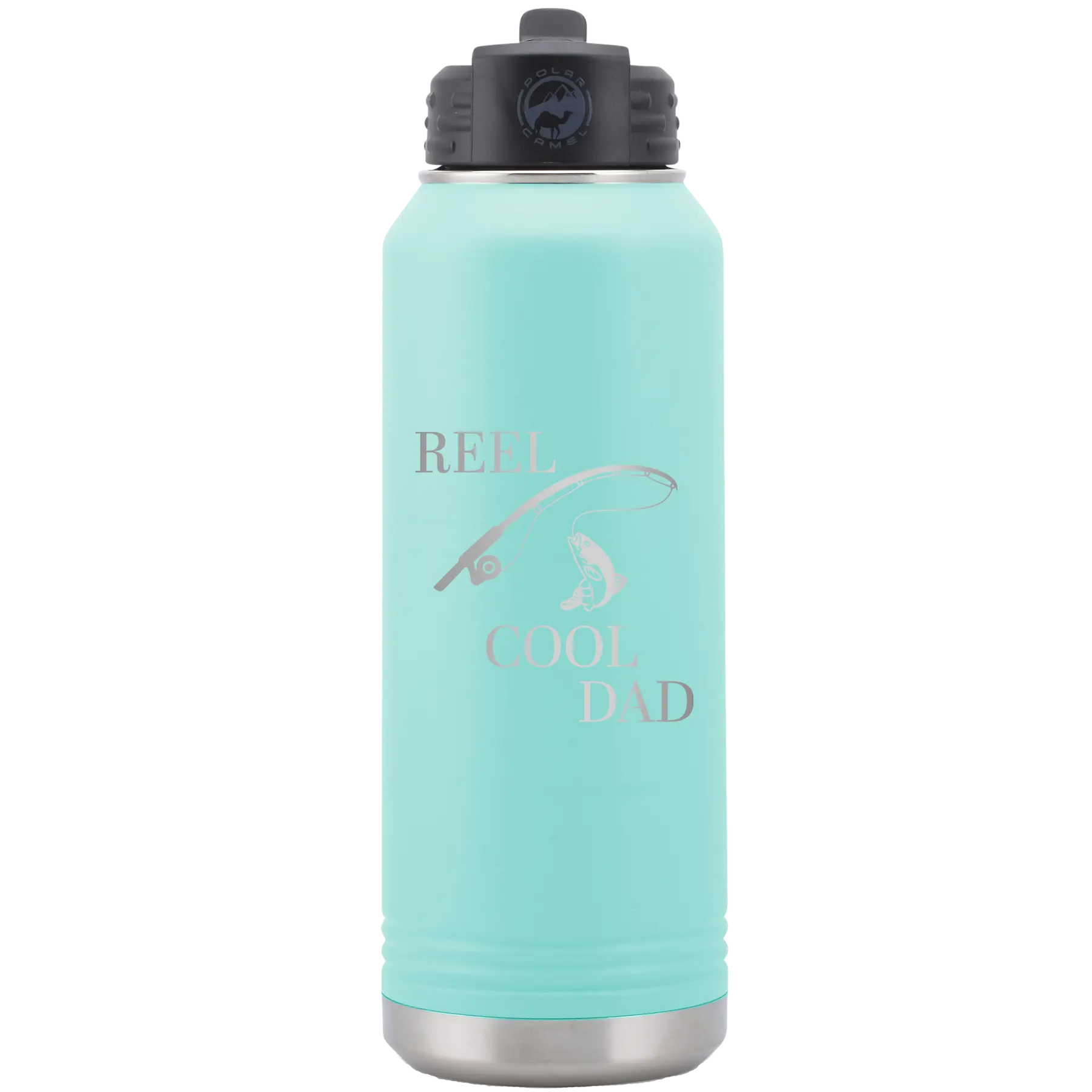 Laser etched teal 32 oz vacuum insulated water bottle with 'Reel Cool Dad' design