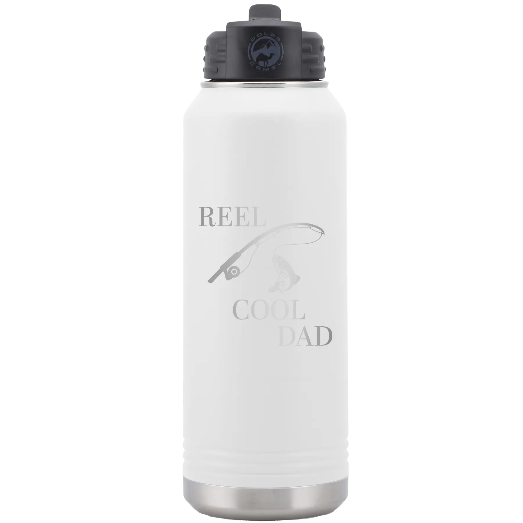 Laser etched white 32 oz vacuum insulated water bottle with 'Reel Cool Dad' design