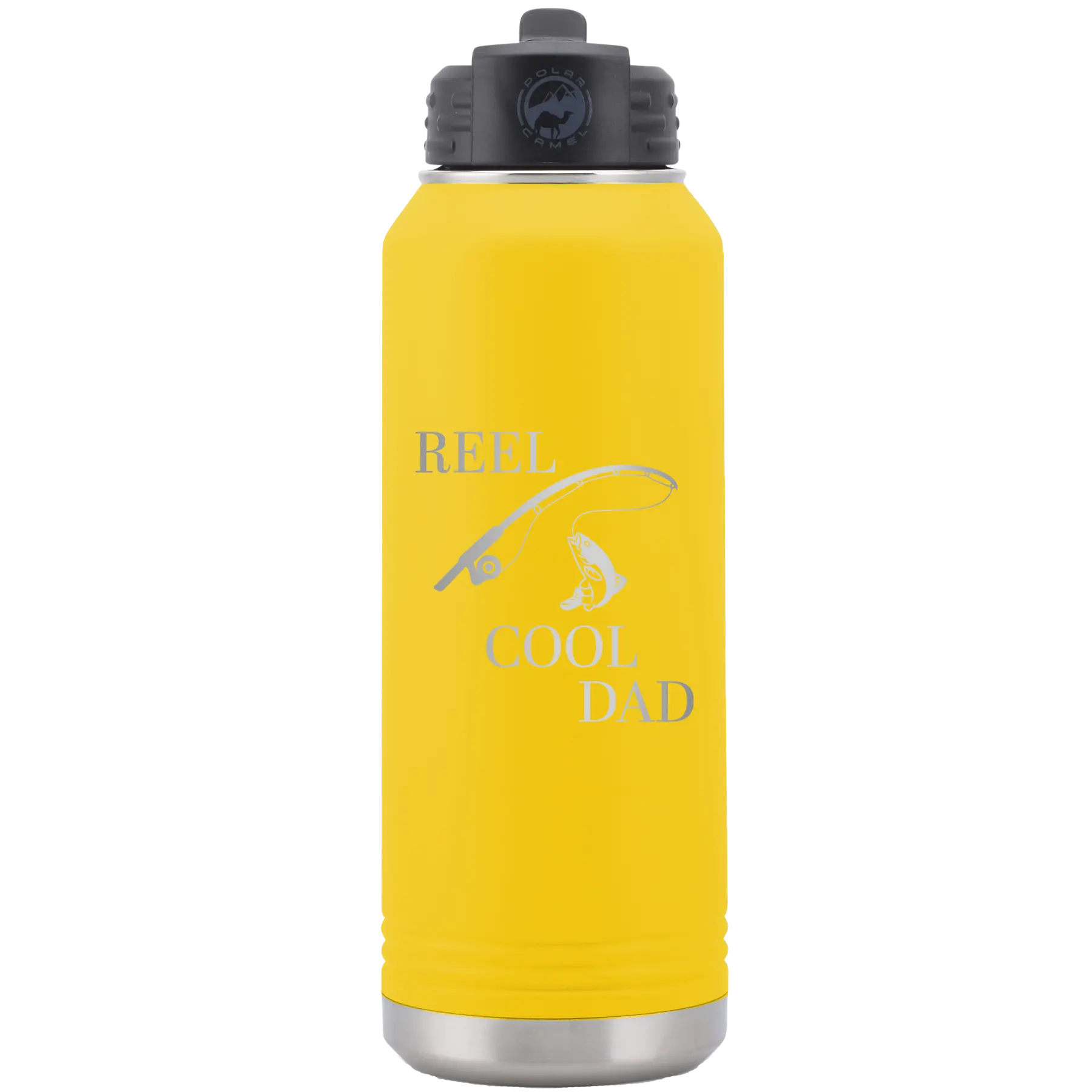Laser etched yellow 32 oz vacuum insulated water bottle with 'Reel Cool Dad' design