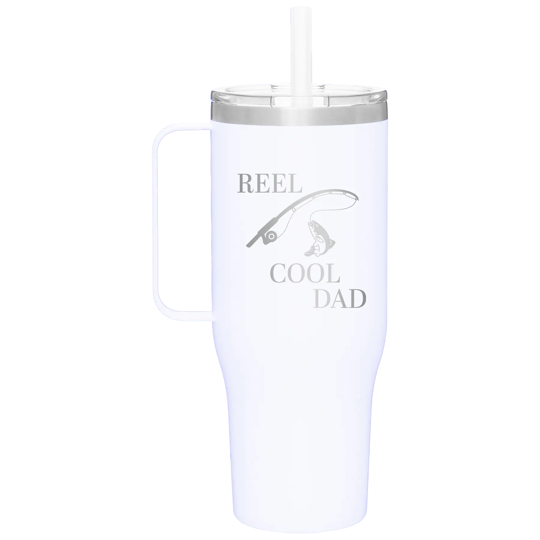 Personalized white 40 oz vacuum insulated tumbler mug with 'Reel Cool Dad' design