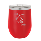 Personalized red 12 oz vacuum insulated wine cup with etched 'Reel Cool Dad' design