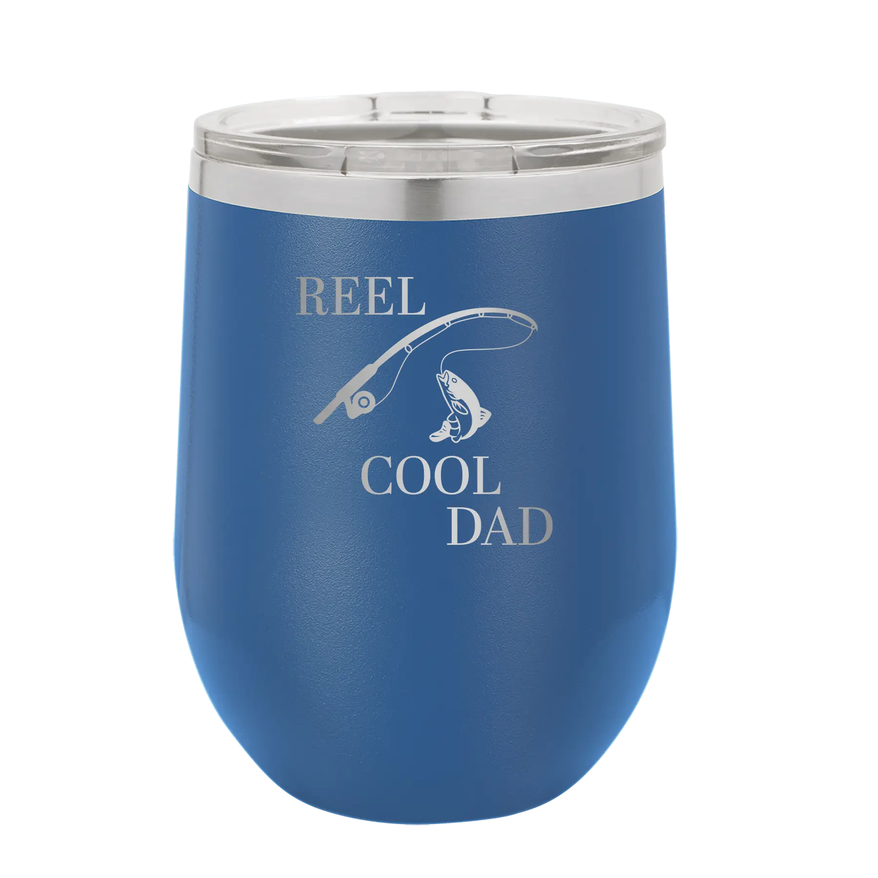 Personalized royal blue 12 oz vacuum insulated wine cup with etched 'Reel Cool Dad' design