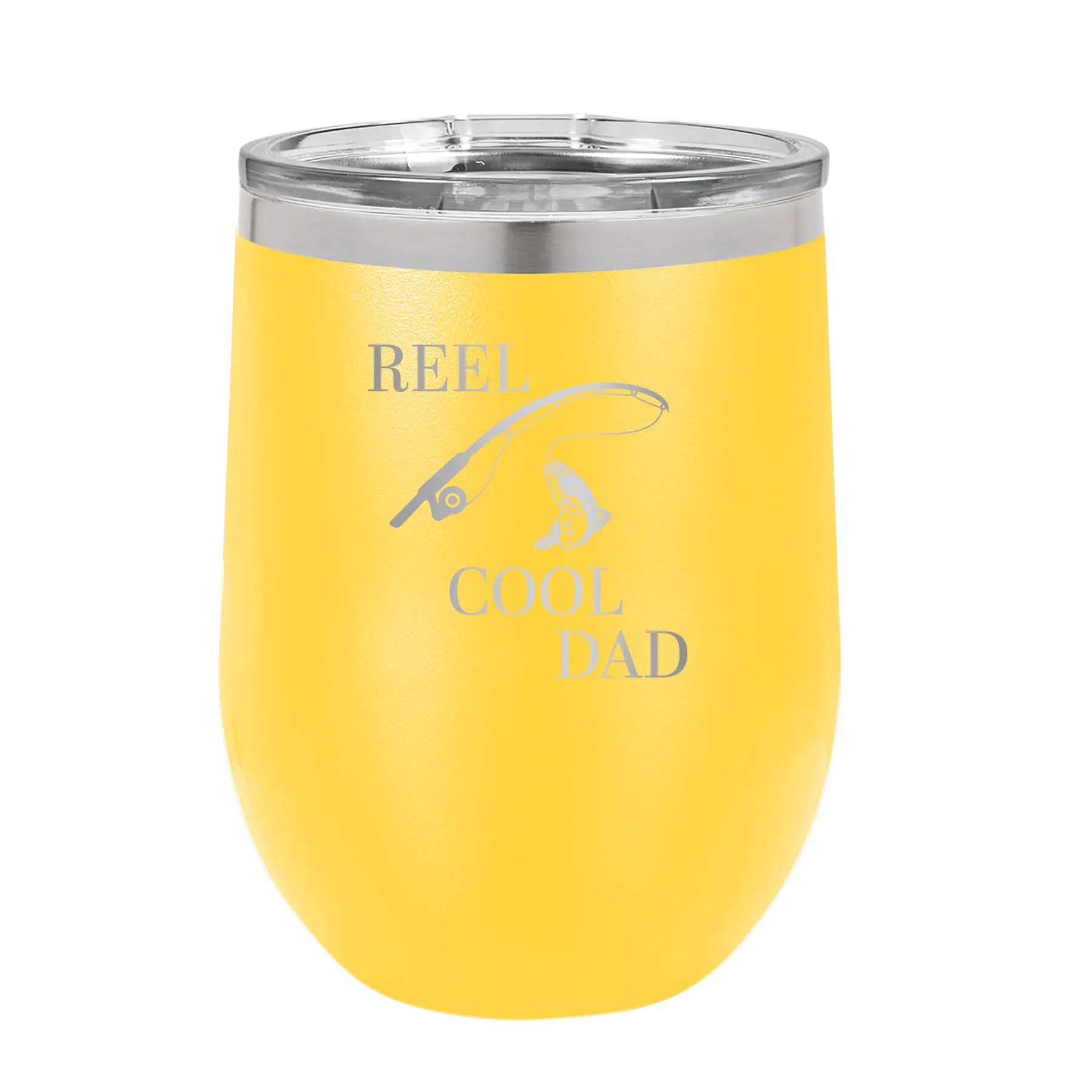Personalized yellow 12 oz vacuum insulated wine cup with etched 'Reel Cool Dad' design