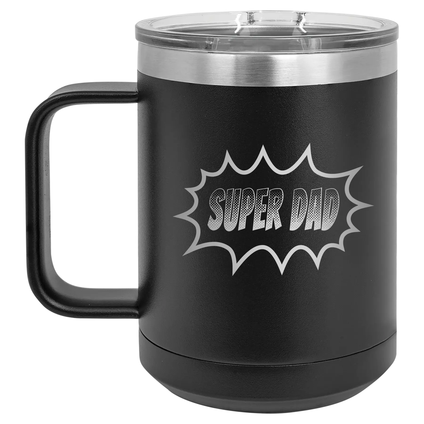 Personalized black 15 oz vacuum insulated coffee mug with etched 'Super Dad' design