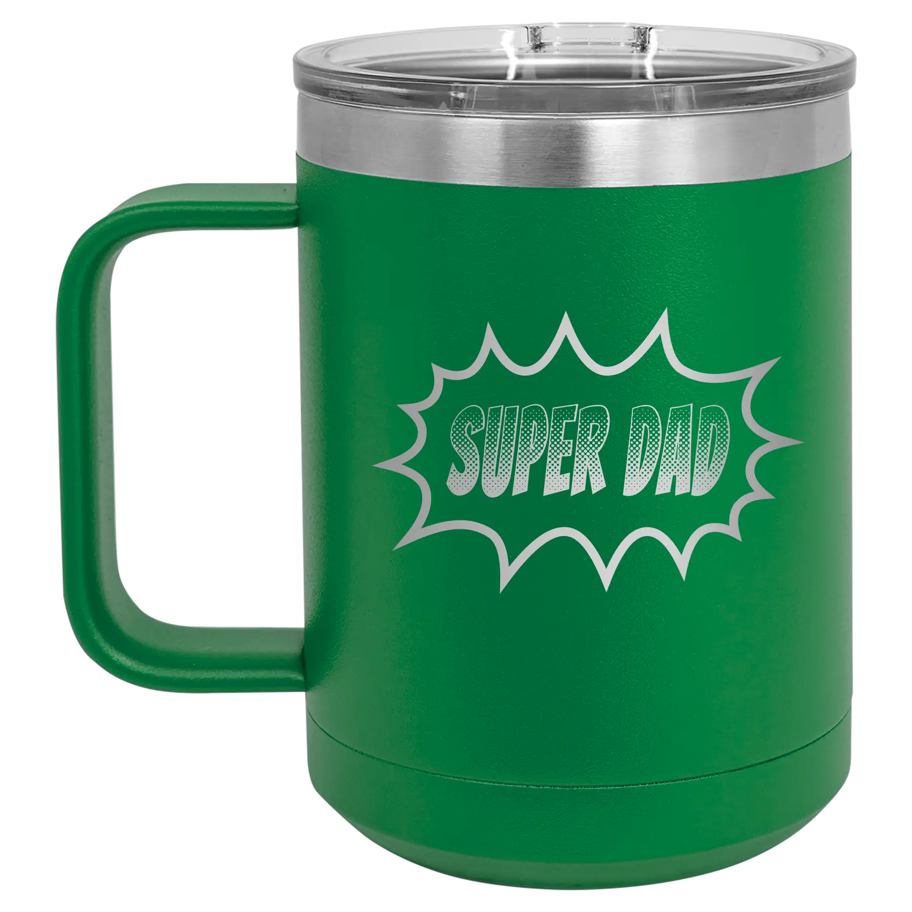 Personalized green 15 oz vacuum insulated coffee mug with etched 'Super Dad' design