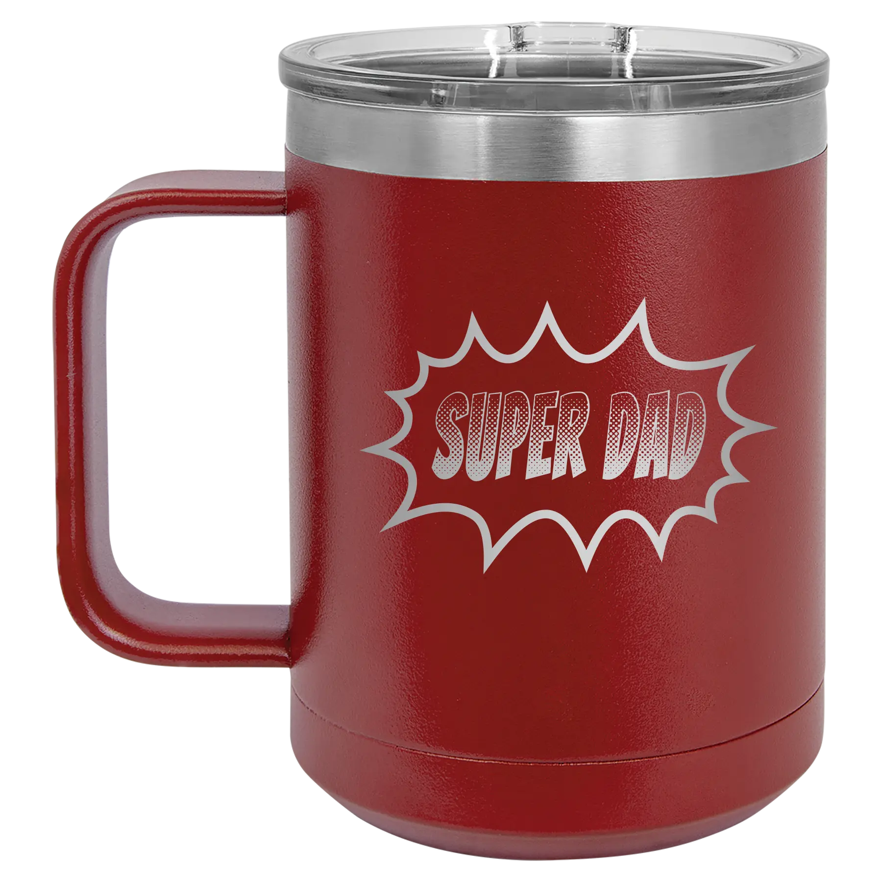 Personalized maroon 15 oz vacuum insulated coffee mug with etched 'Super Dad' design