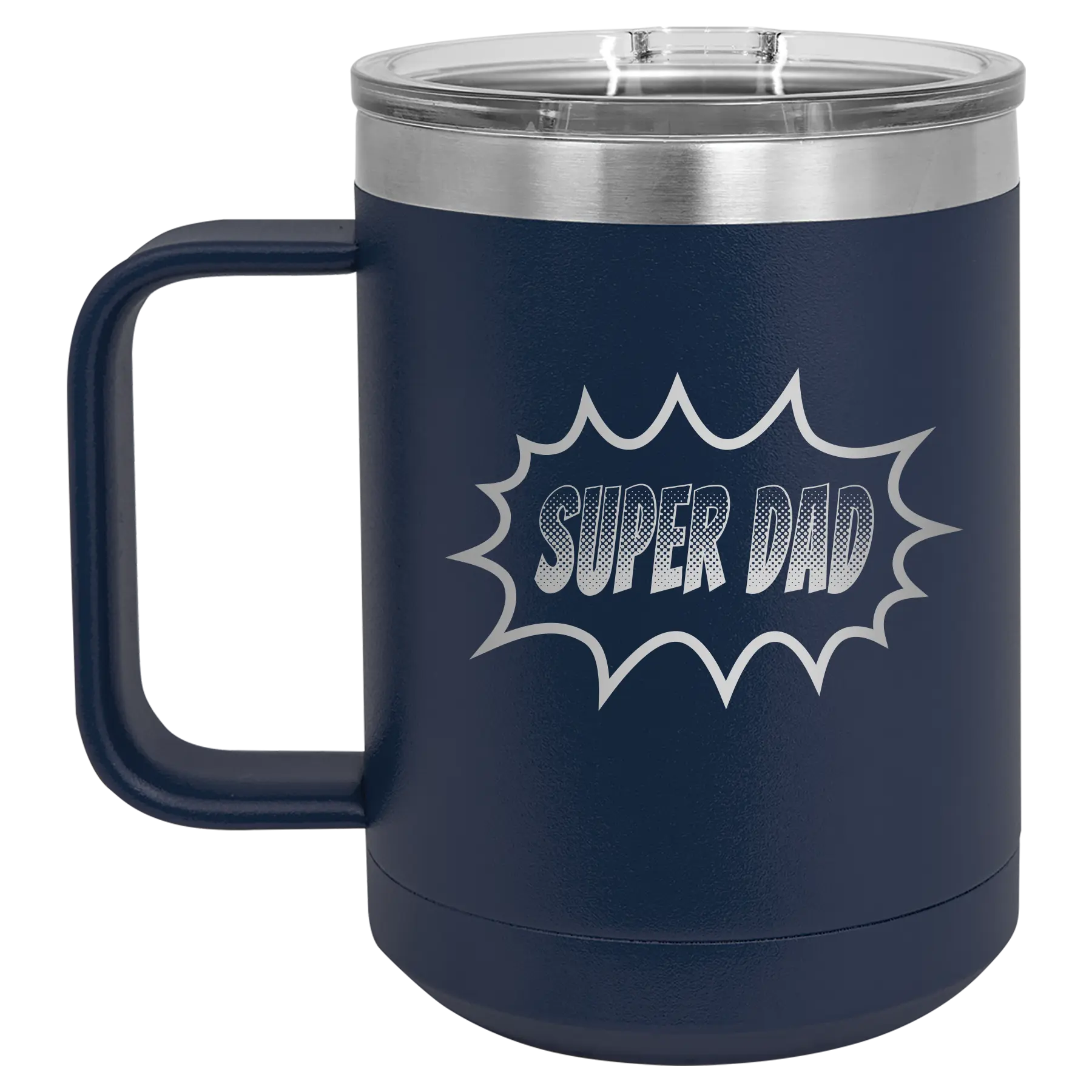 Personalized navy 15 oz vacuum insulated coffee mug with etched 'Super Dad' design