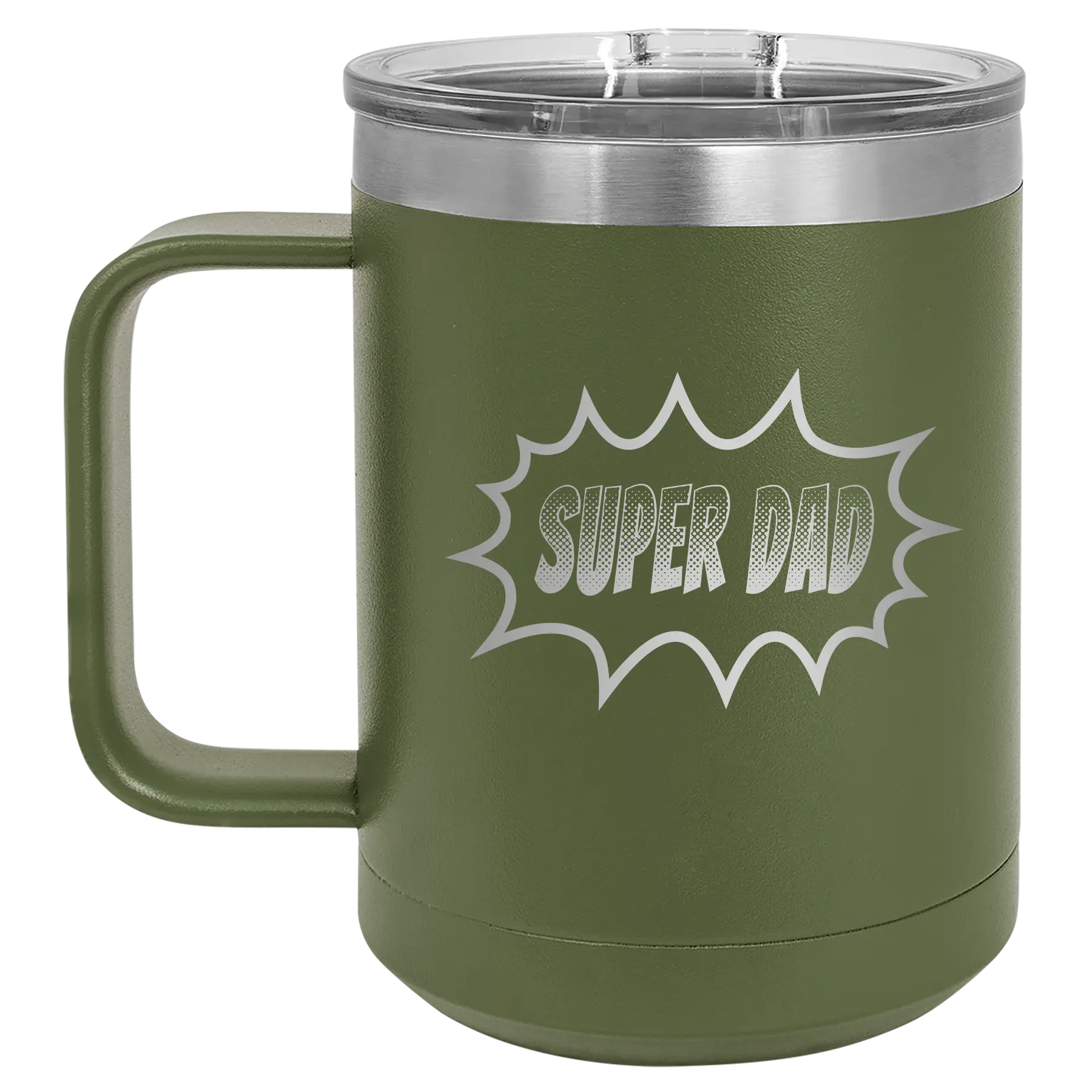 Personalized olive green 15 oz vacuum insulated coffee mug with etched 'Super Dad' design