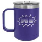 Personalized purple 15 oz vacuum insulated coffee mug with etched 'Super Dad' design