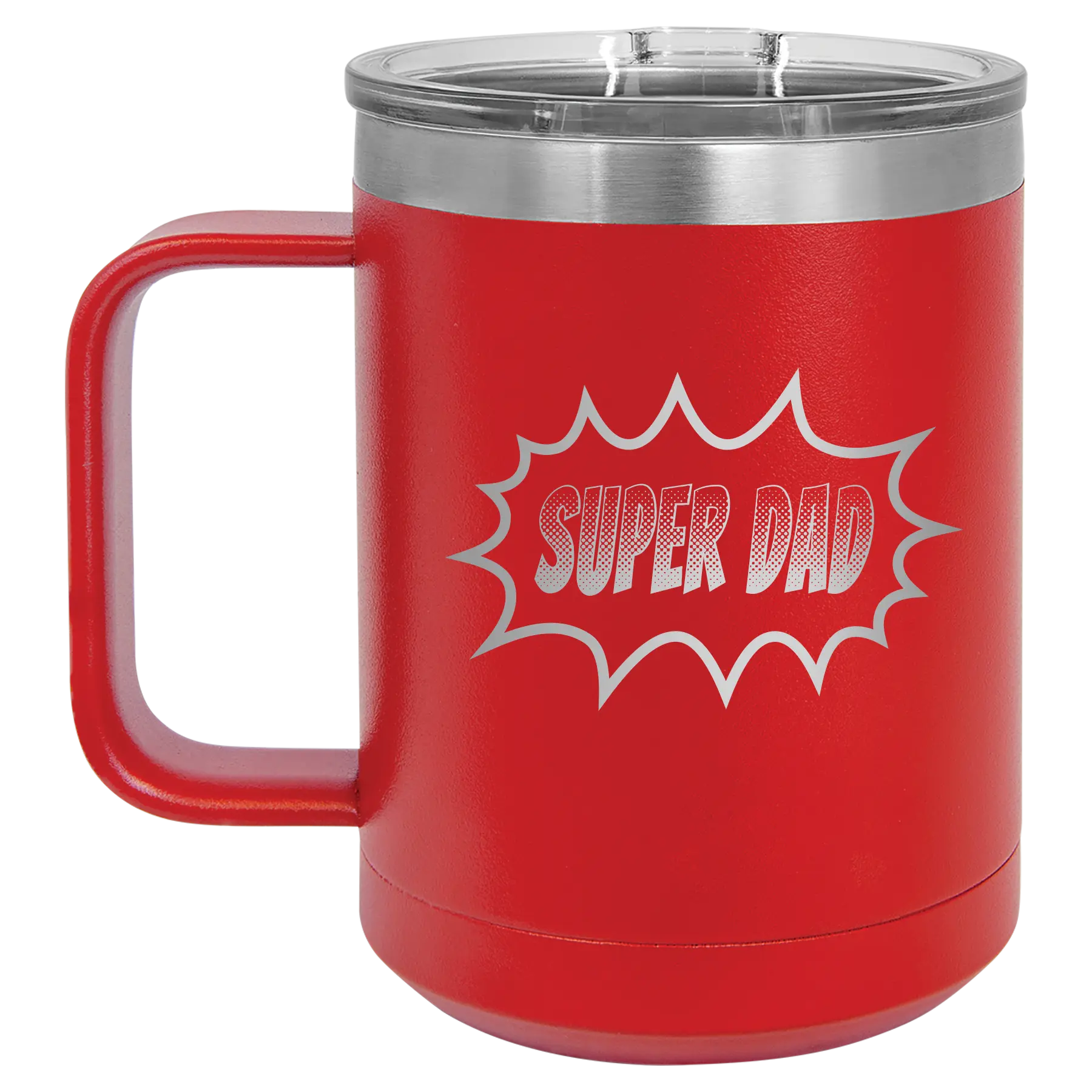Personalized red 15 oz vacuum insulated coffee mug with etched 'Super Dad' design