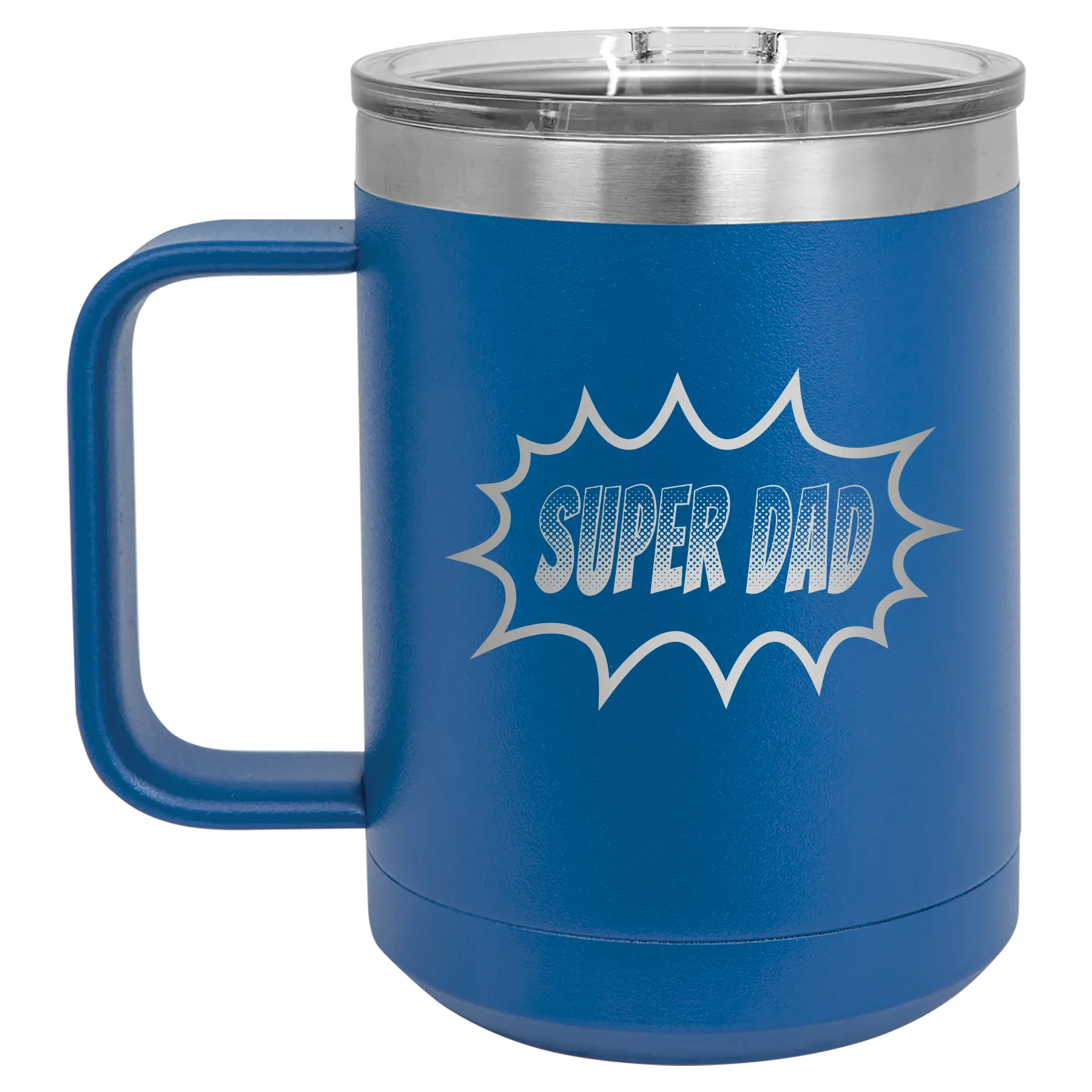 Personalized royal blue 15 oz vacuum insulated coffee mug with etched 'Super Dad' design