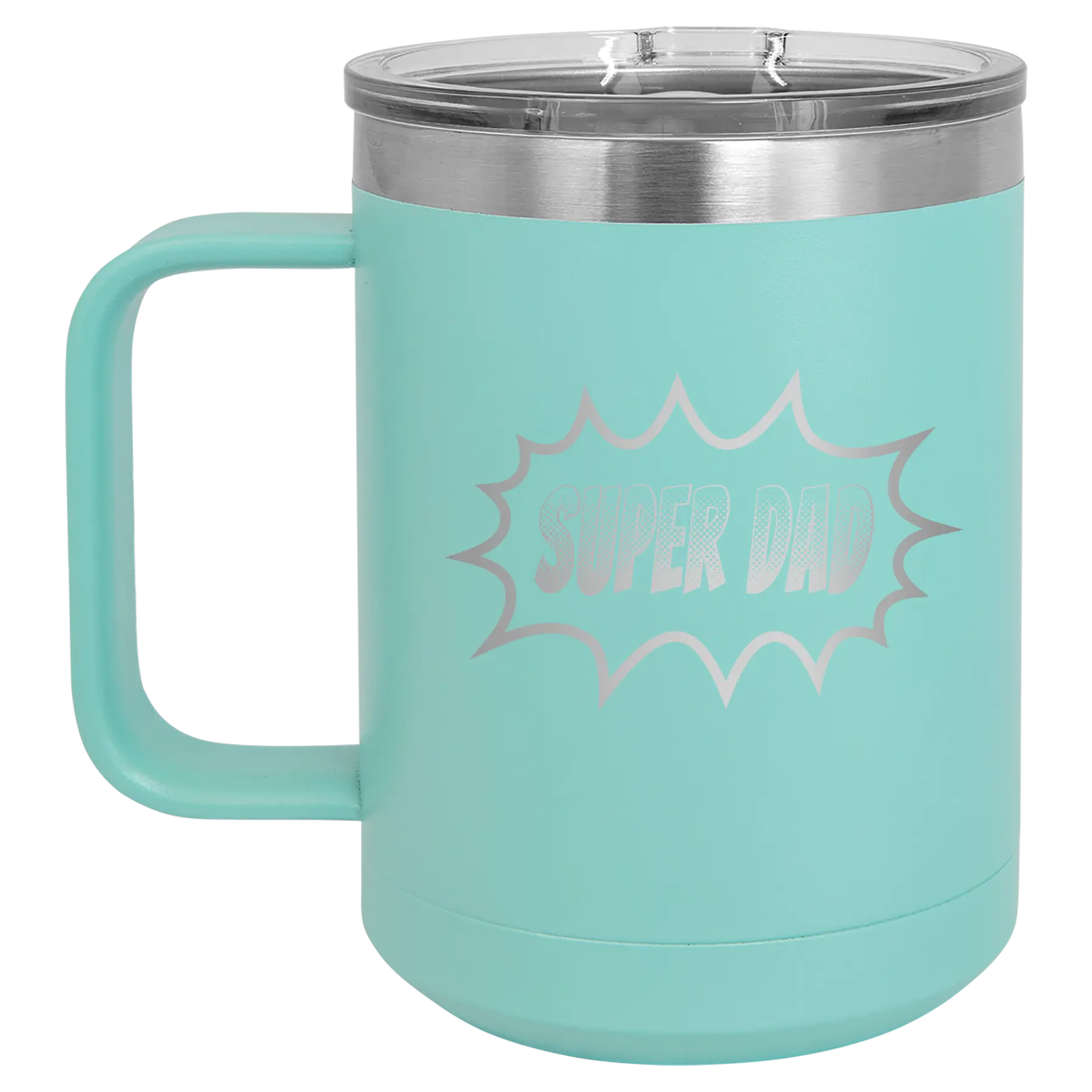 Personalized teal 15 oz vacuum insulated coffee mug with etched 'Super Dad' design