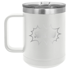 Personalized white 15 oz vacuum insulated coffee mug with etched 'Super Dad' design