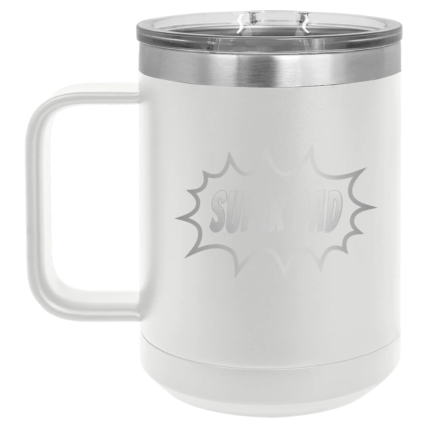 Personalized white 15 oz vacuum insulated coffee mug with etched 'Super Dad' design