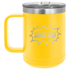 Personalized yellow 15 oz vacuum insulated coffee mug with etched 'Super Dad' design