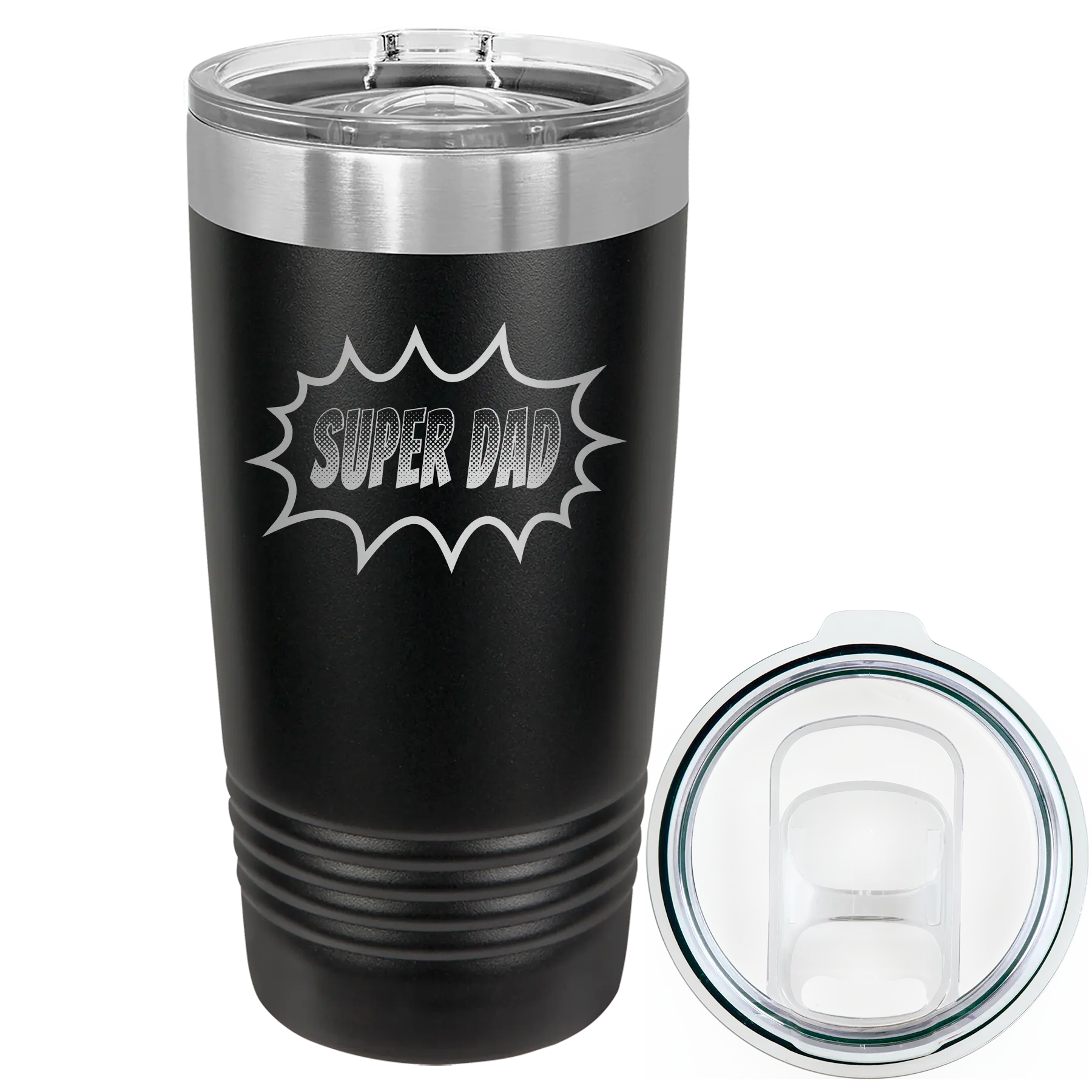 Laser etched black 20 oz vacuum insulated tumbler with 'Super Dad' design