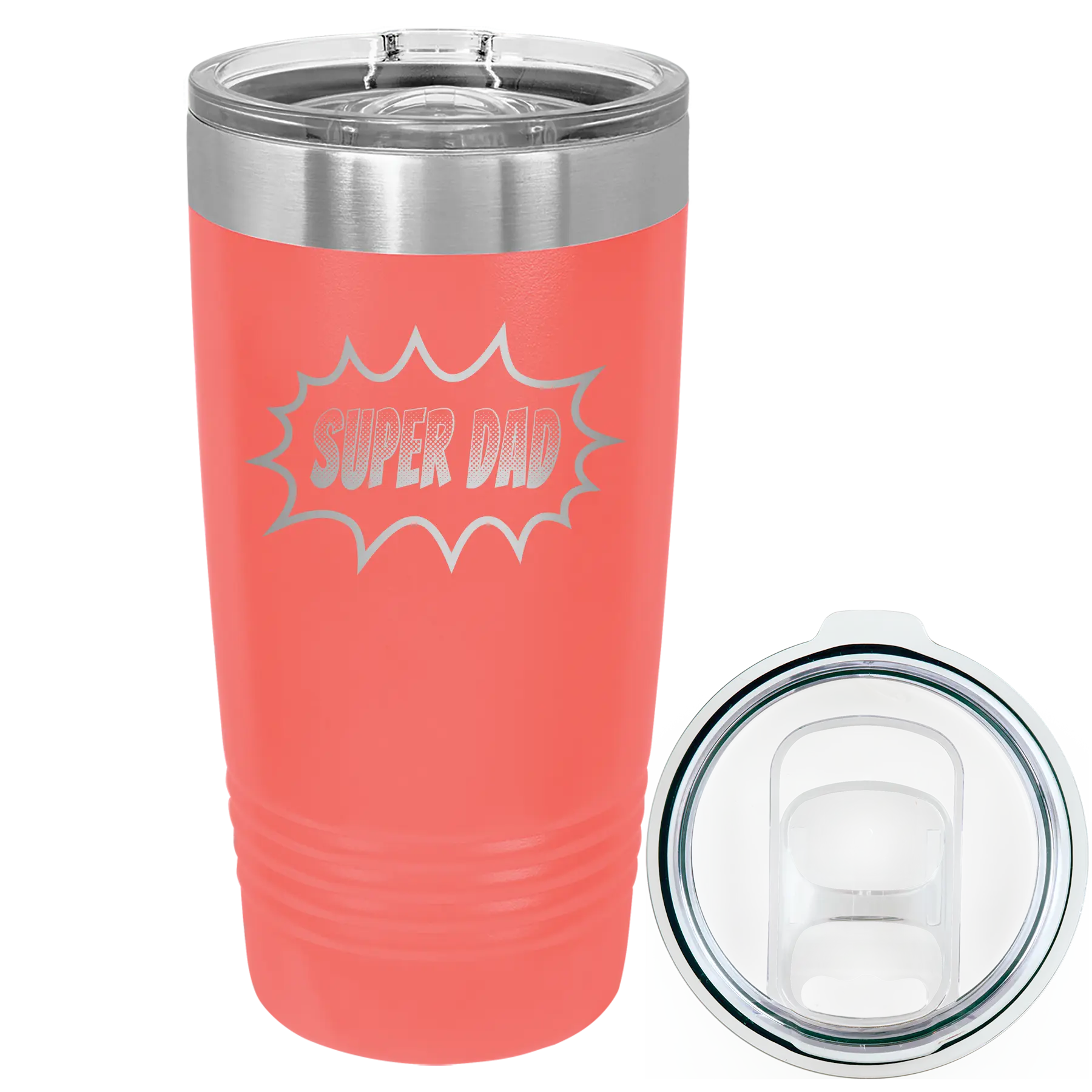 Laser etched coral 20 oz vacuum insulated tumbler with 'Super Dad' design