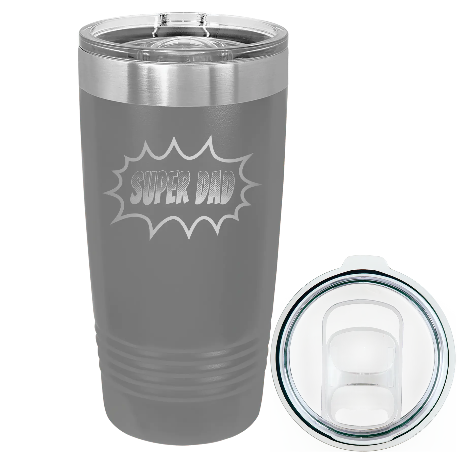 Laser etched dark gray 20 oz vacuum insulated tumbler with 'Super Dad' design