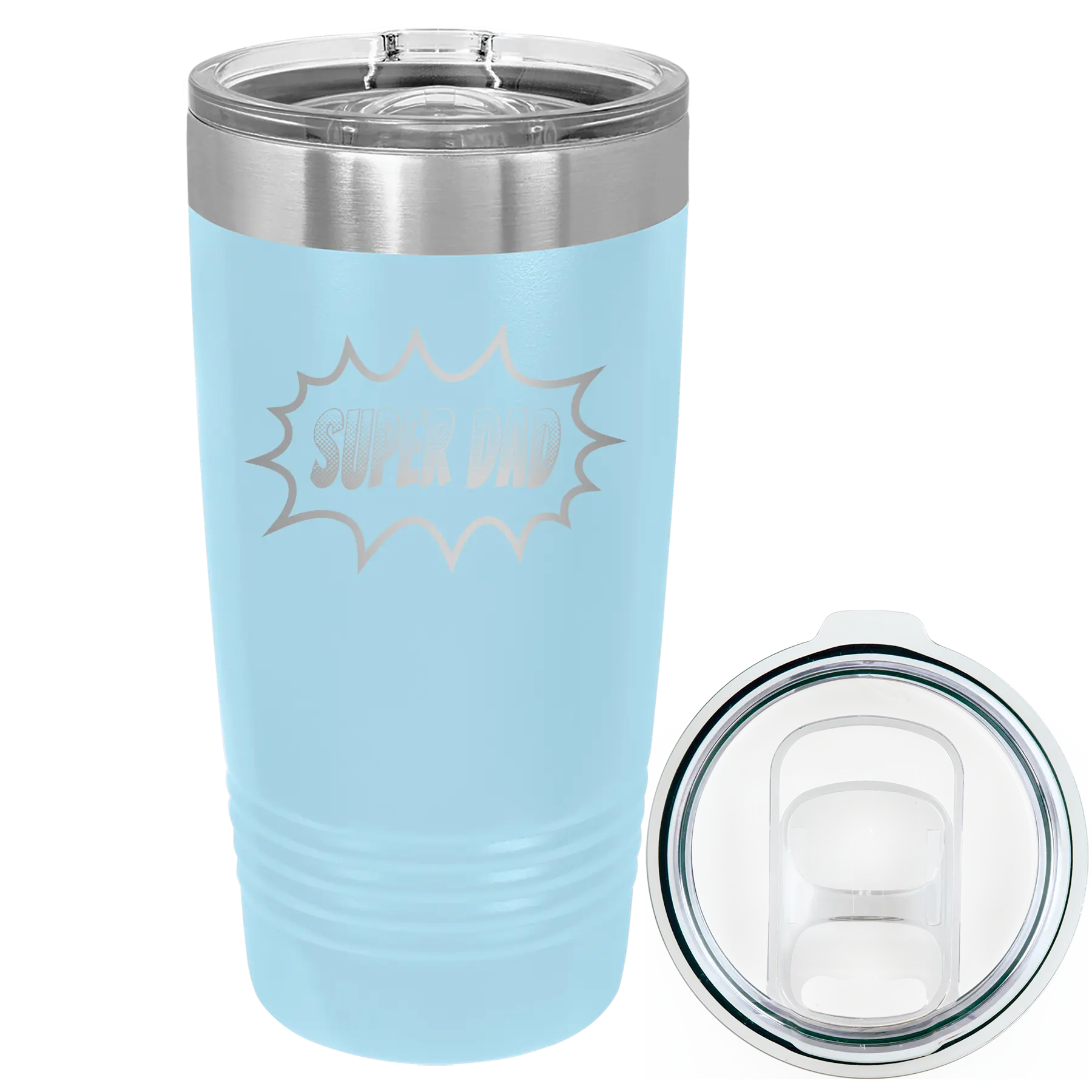 Laser etched light blue 20 oz vacuum insulated tumbler with 'Super Dad' design