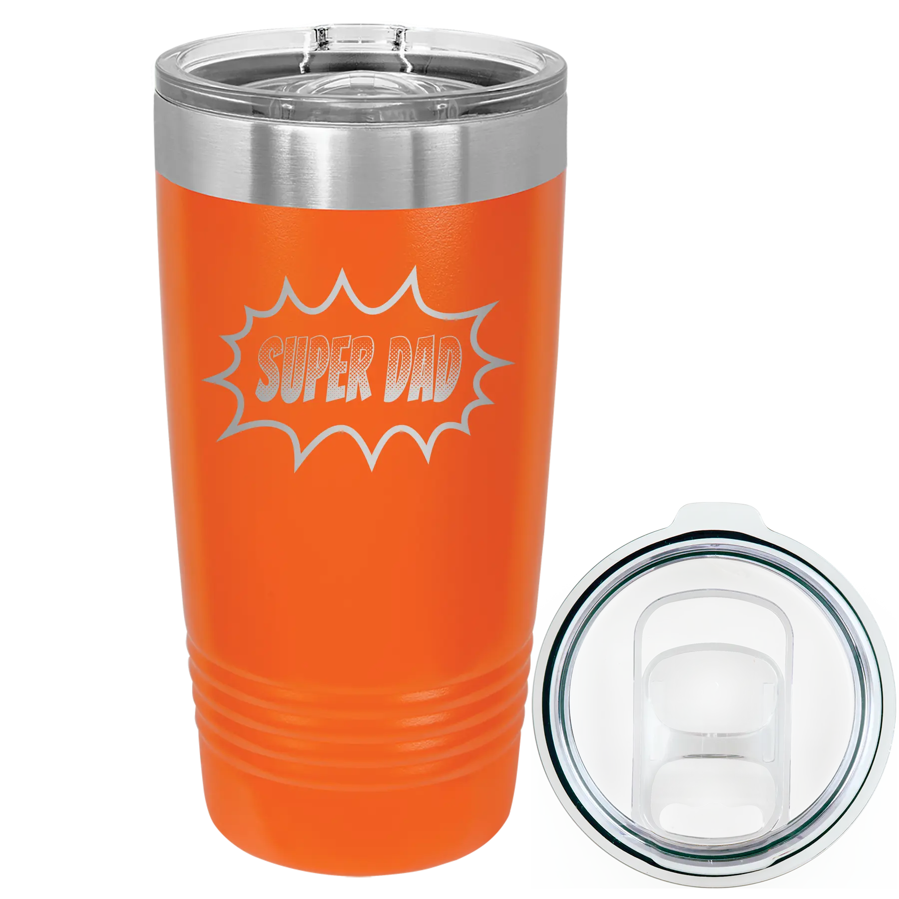 Laser etched orange 20 oz vacuum insulated tumbler with 'Super Dad' design