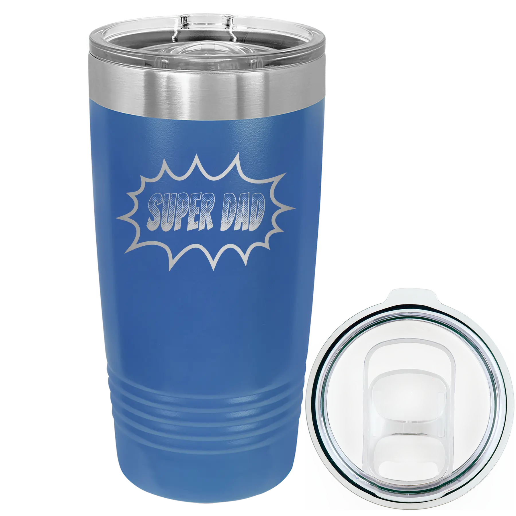 Laser etched royal blue 20 oz vacuum insulated tumbler with 'Super Dad' design