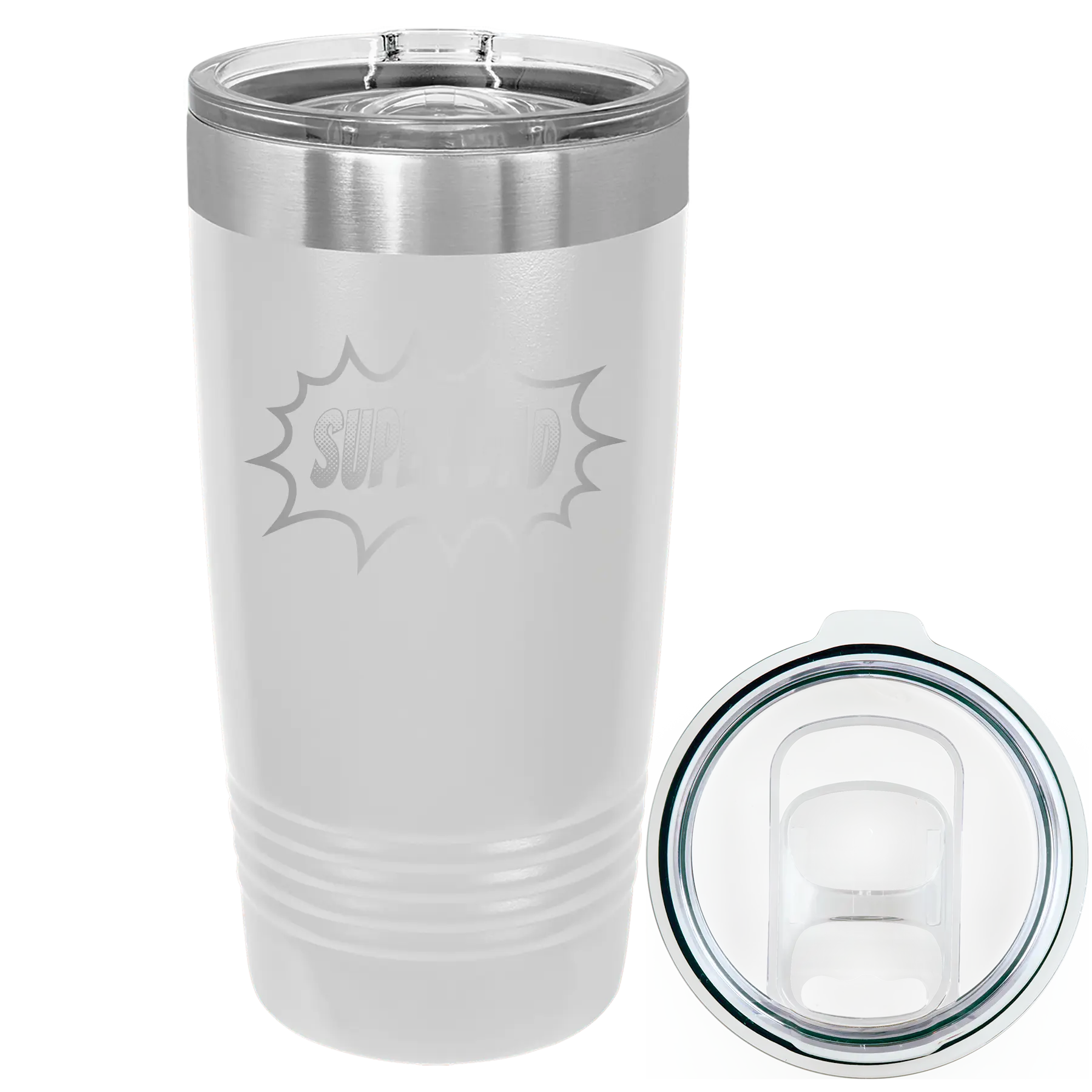 Laser etched white 20 oz vacuum insulated tumbler with 'Super Dad' design