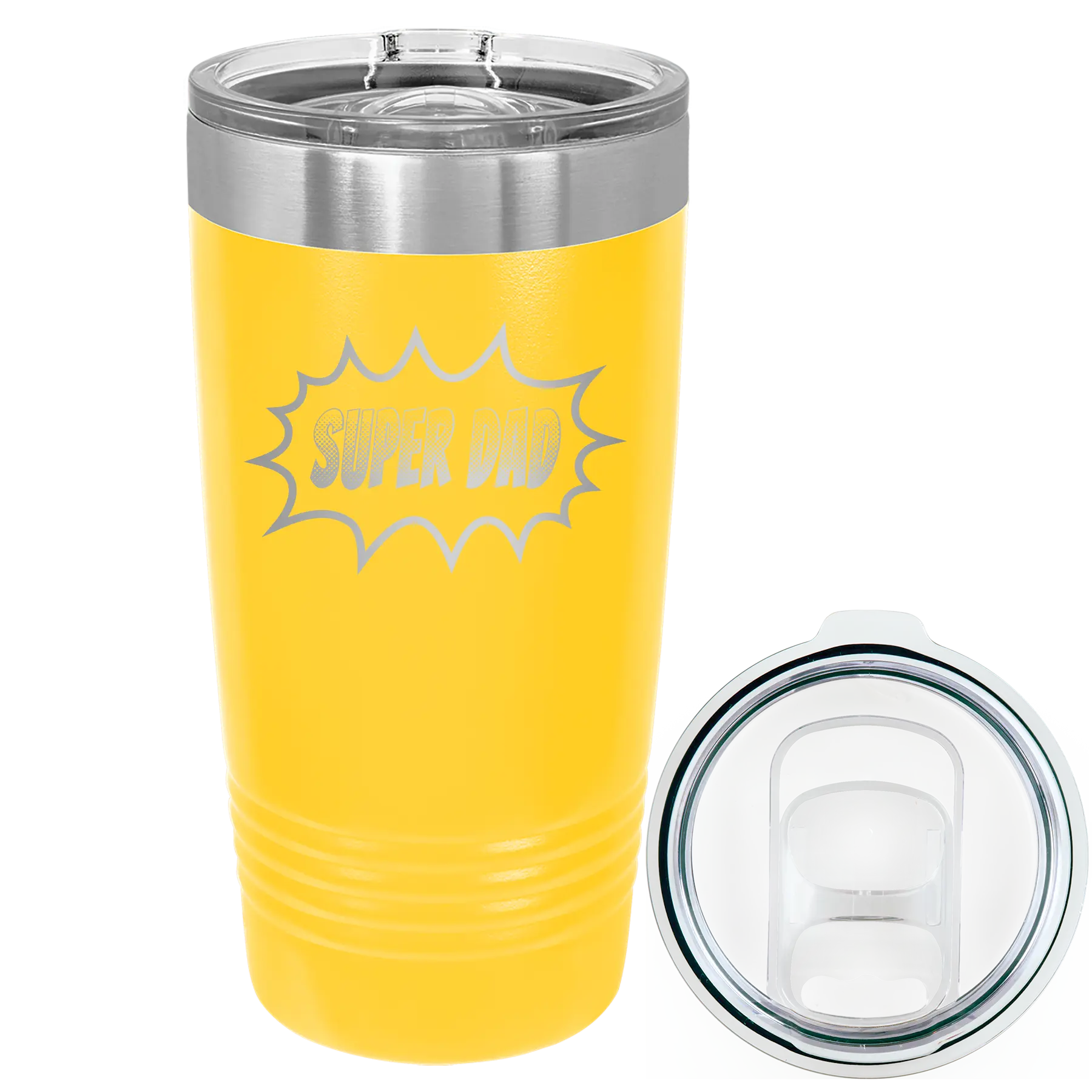 Laser etched yellow 20 oz vacuum insulated tumbler with 'Super Dad' design