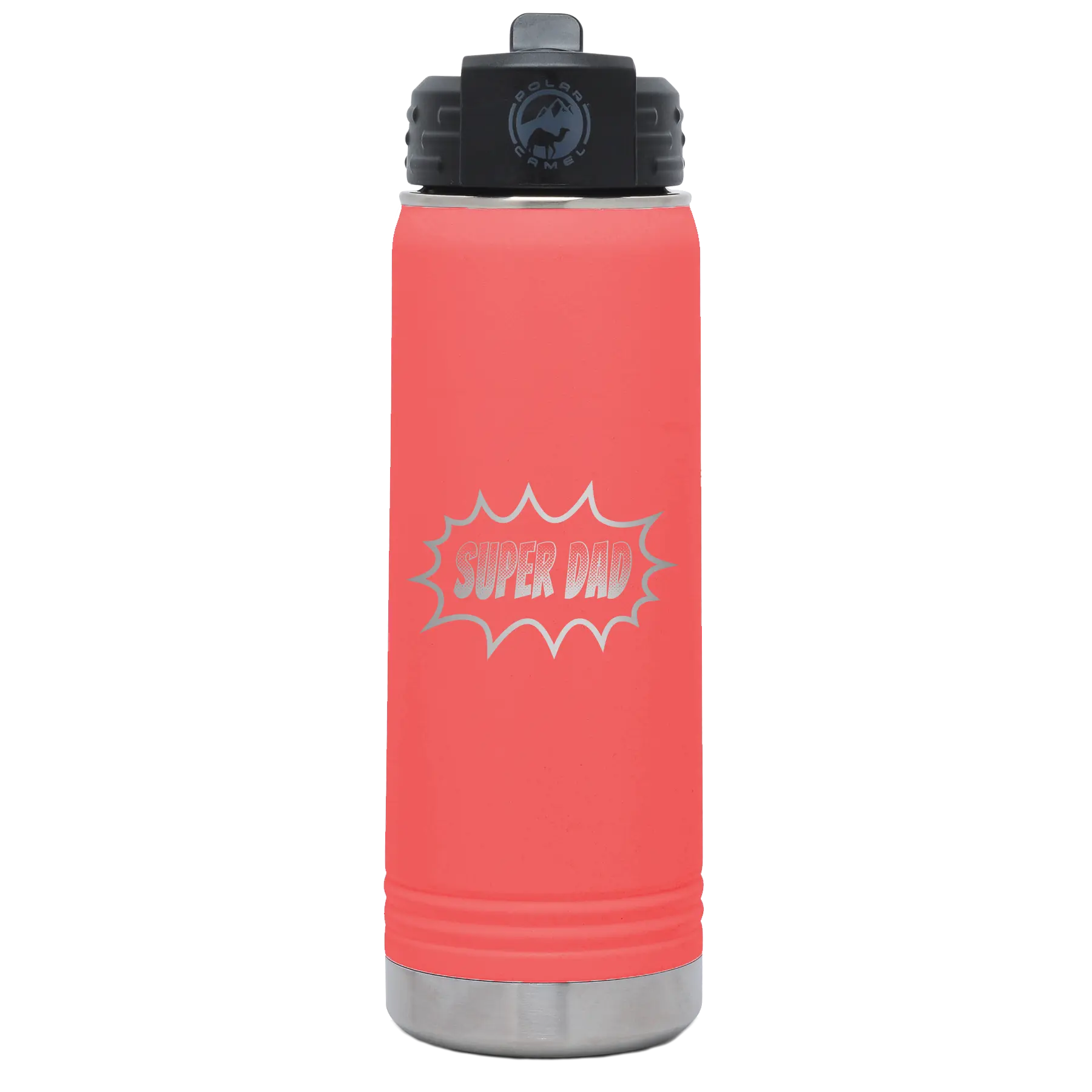 Laser etched coral 20 oz vacuum insulated water bottle with 'Super Dad' design