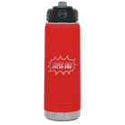 Laser etched red 20 oz vacuum insulated water bottle with 'Super Dad' design