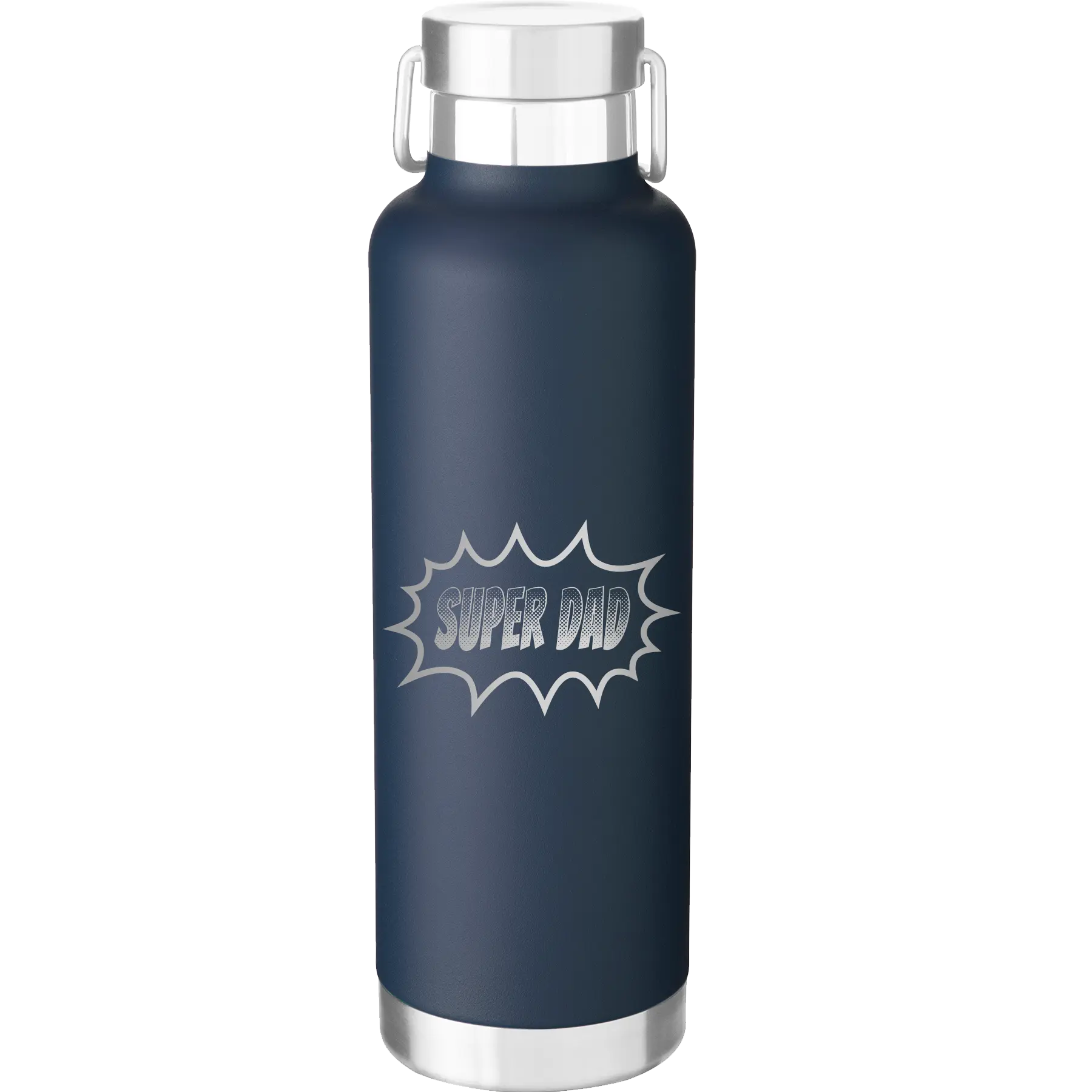 Laser etched navy 24 oz vacuum insulated water bottle with 'Super Dad' design