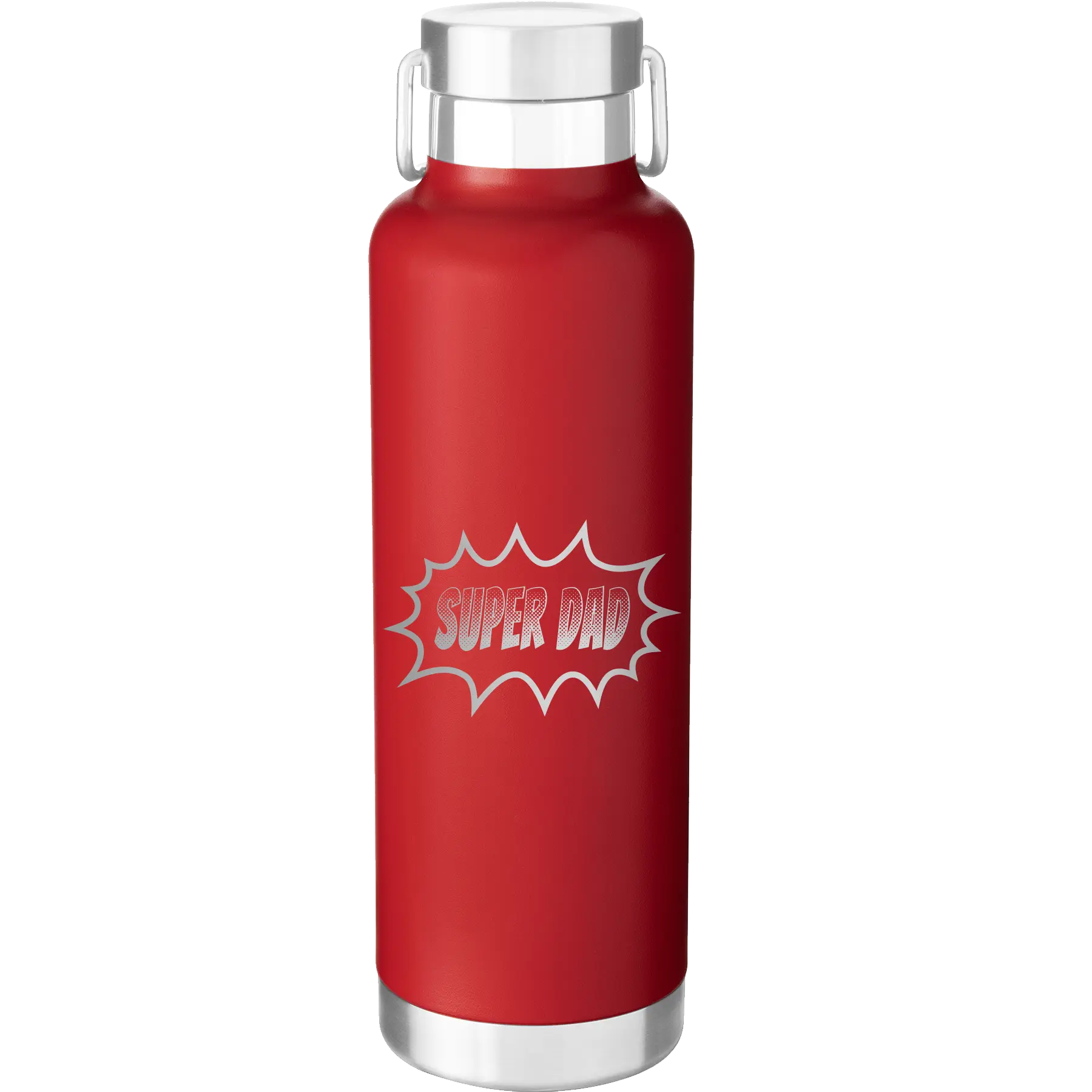 Laser etched red 24 oz vacuum insulated water bottle with 'Super Dad' design