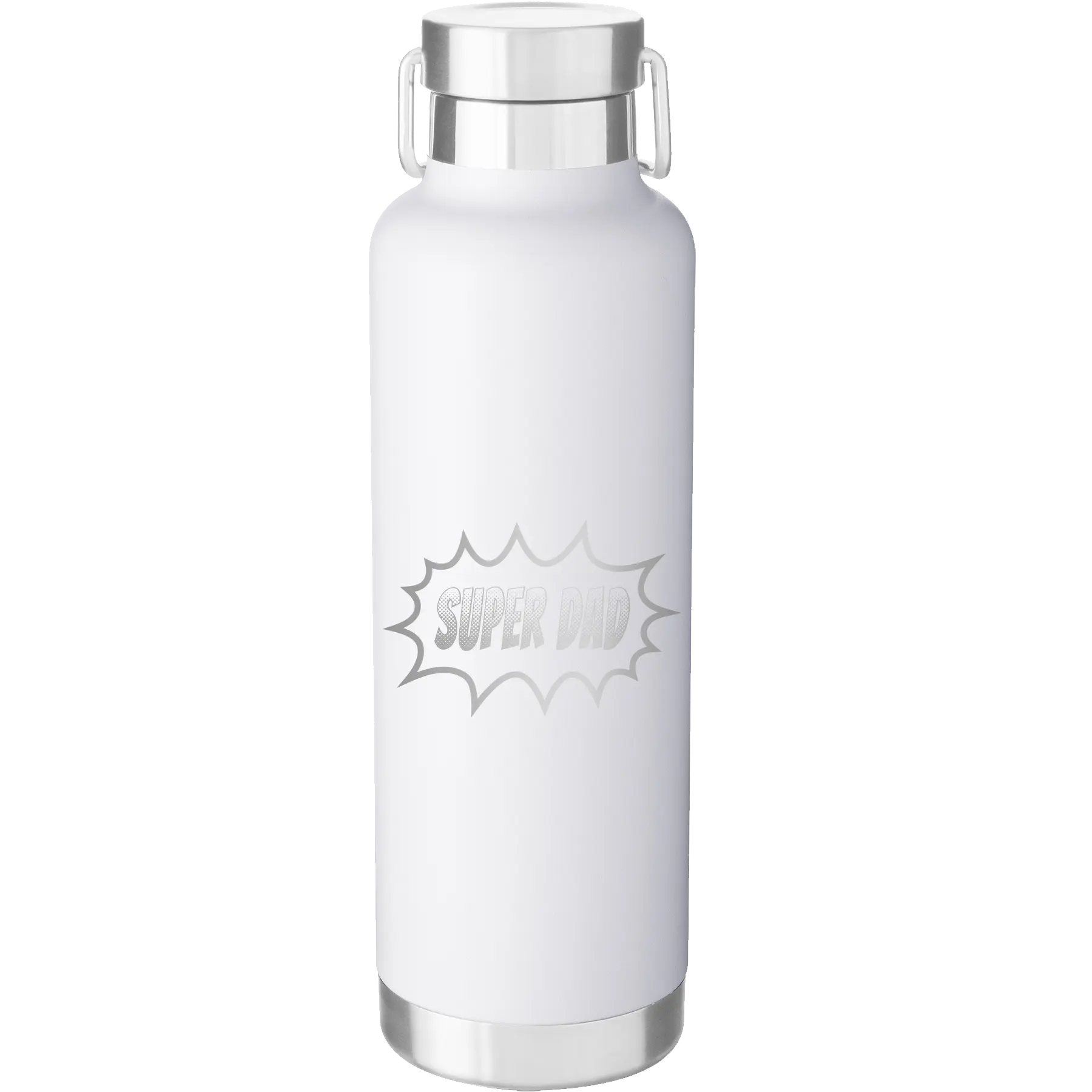 Laser etched white 24 oz vacuum insulated water bottle with 'Super Dad' design