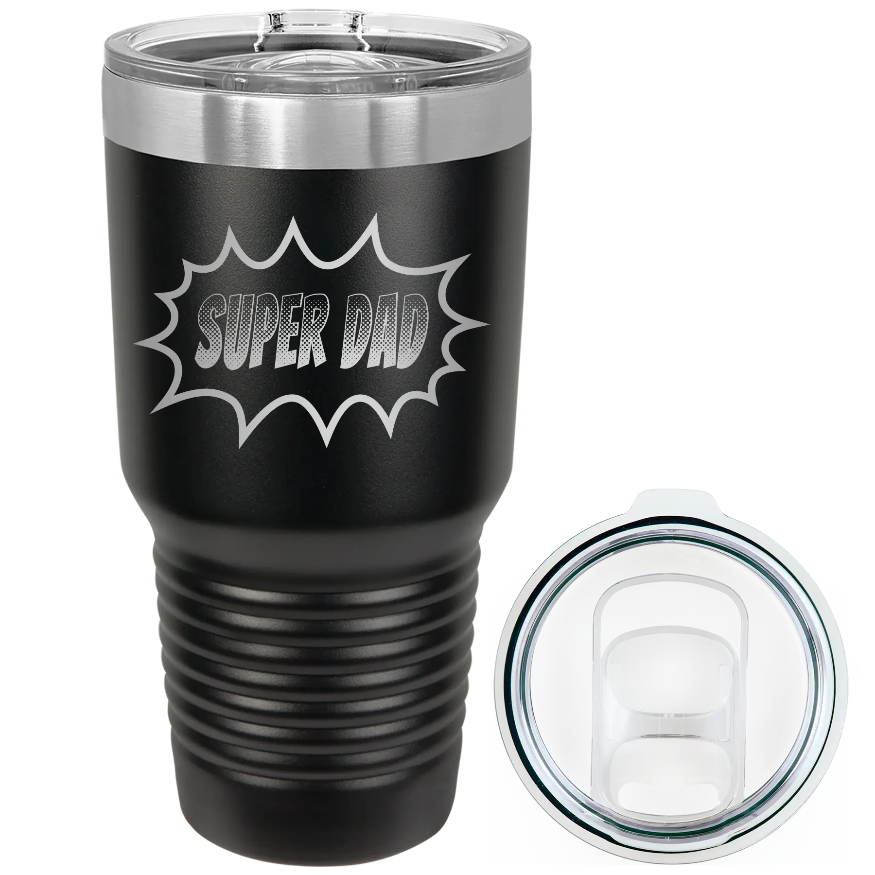 Laser etched black 30 oz vacuum insulated tumbler with 'Super Dad' design