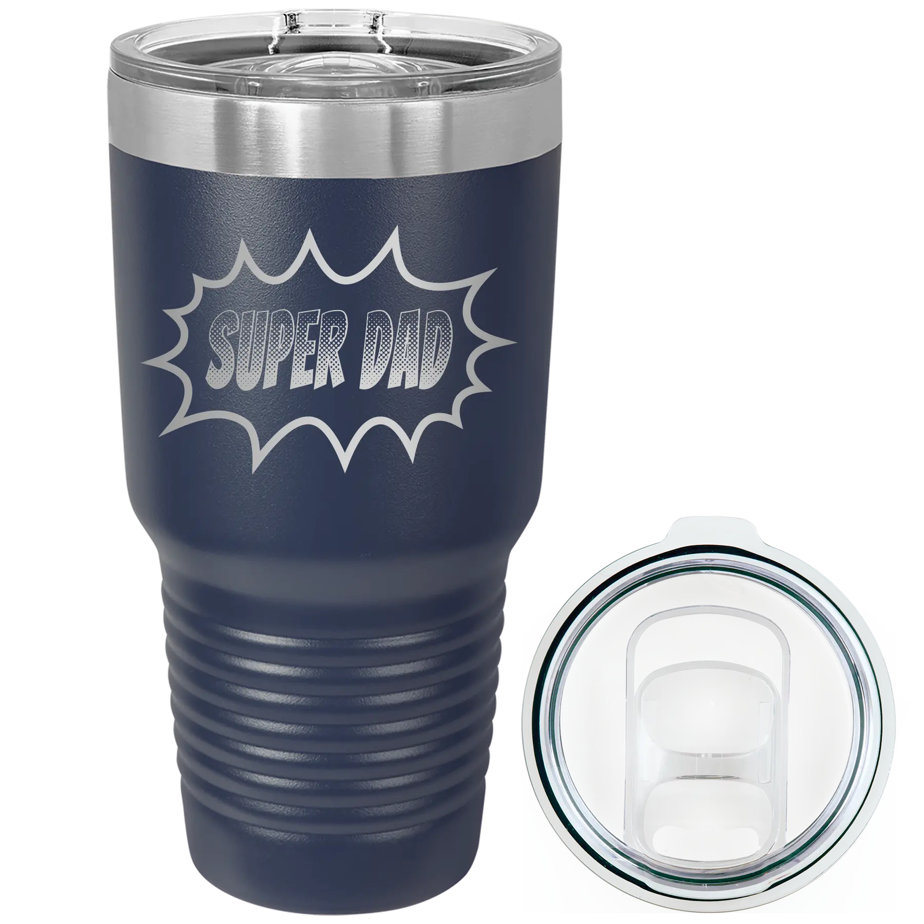 Laser etched navy 30 oz vacuum insulated tumbler with 'Super Dad' design