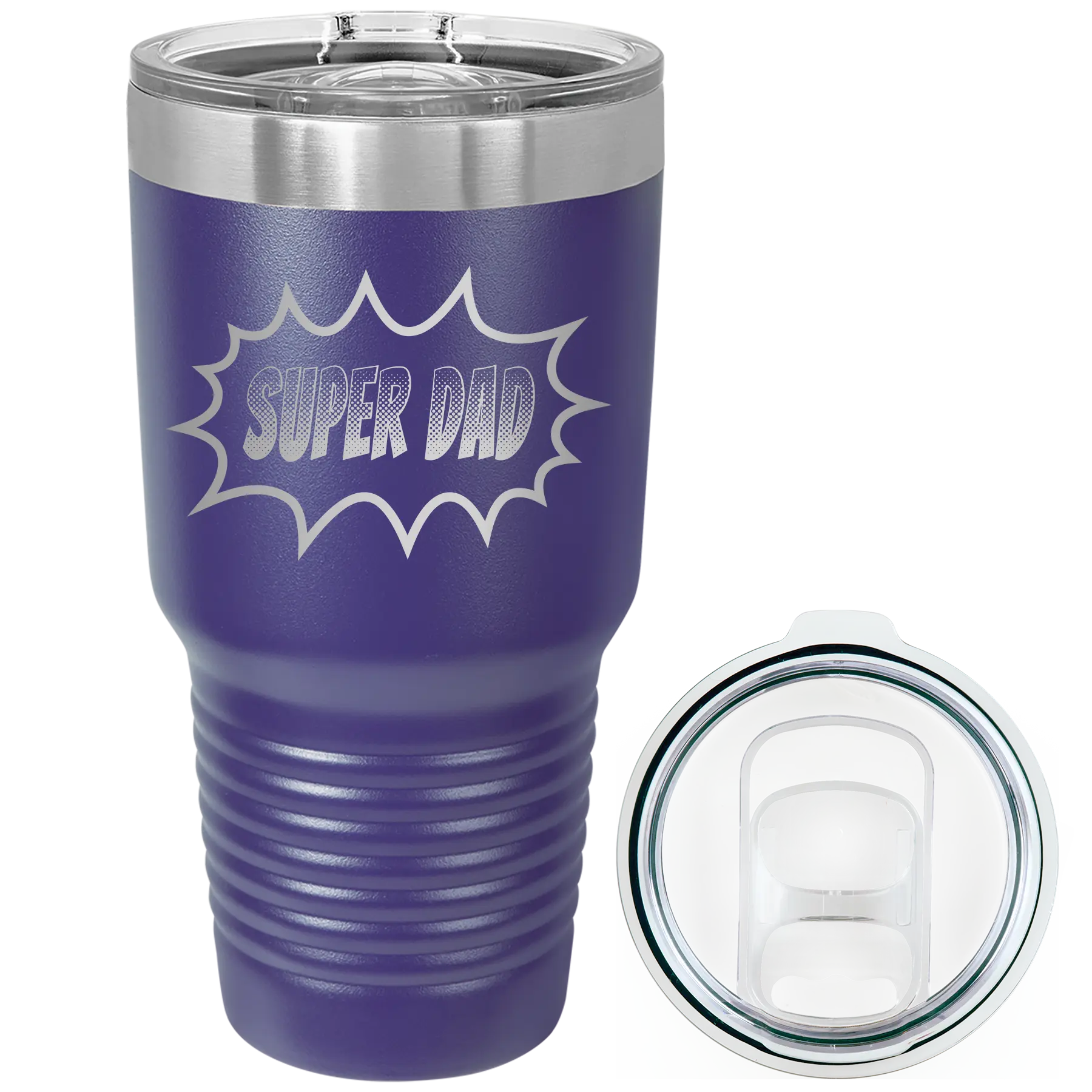 Laser etched purple 30 oz vacuum insulated tumbler with 'Super Dad' design