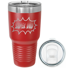 Laser etched red 30 oz vacuum insulated tumbler with 'Super Dad' design