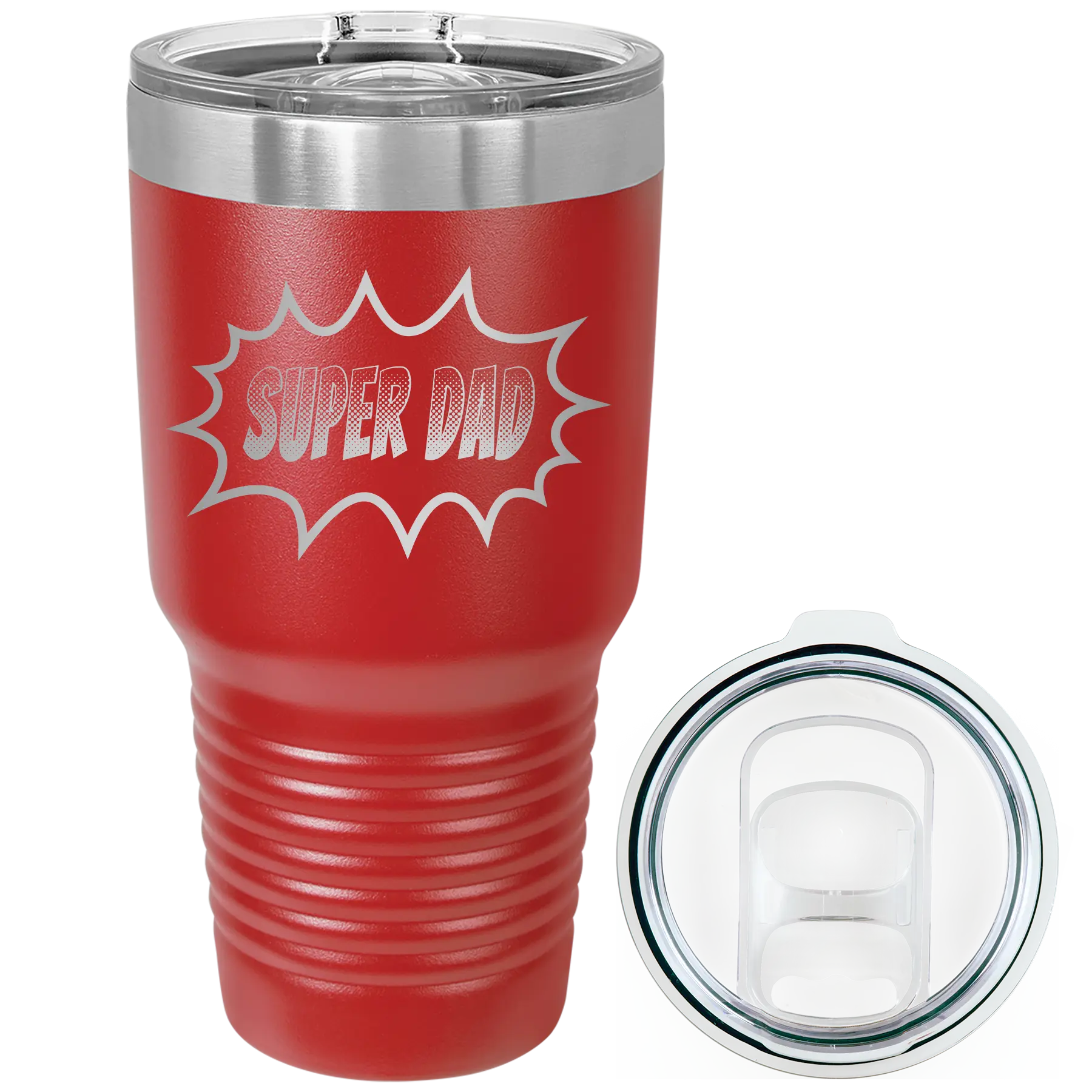 Laser etched red 30 oz vacuum insulated tumbler with 'Super Dad' design