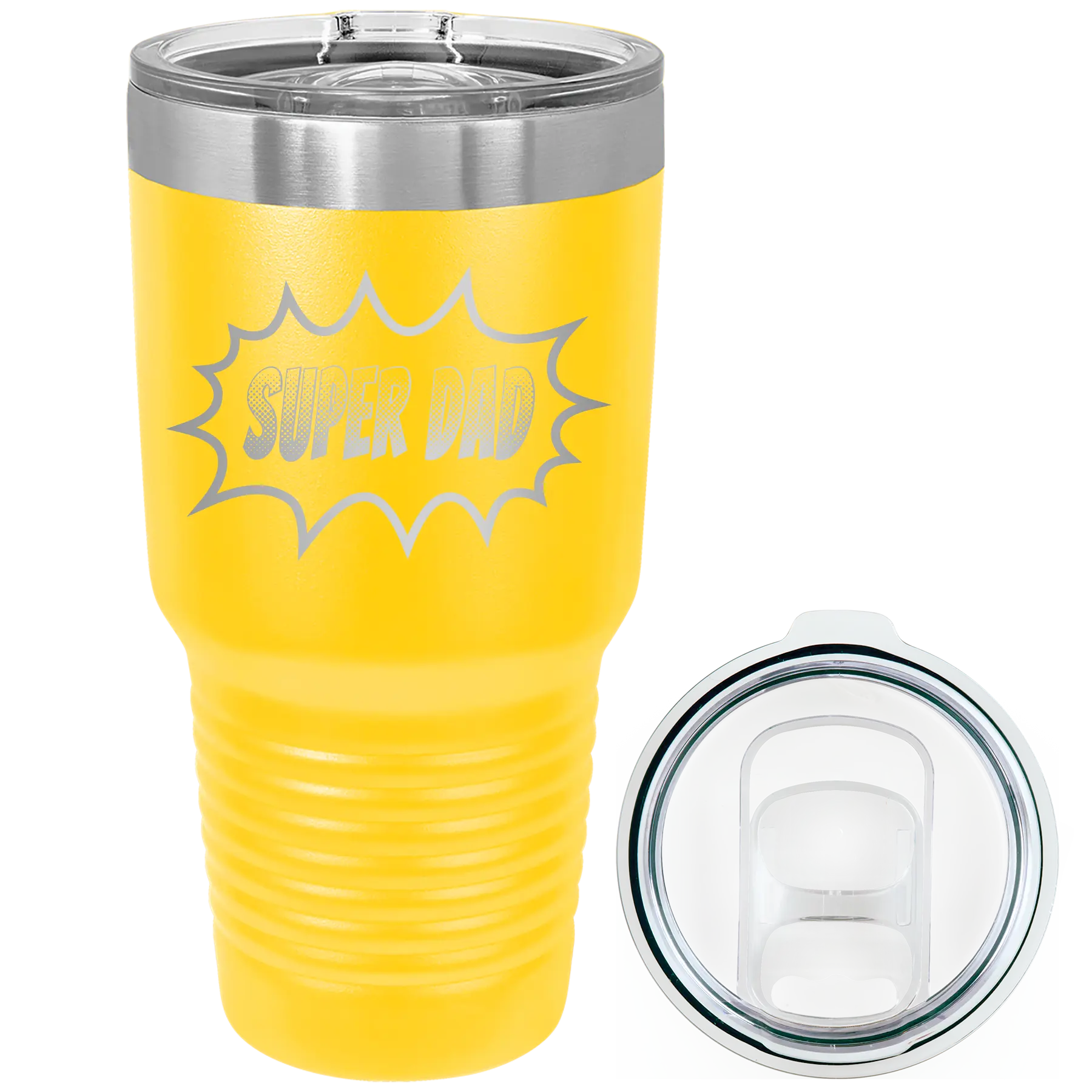 Laser etched yellow 30 oz vacuum insulated tumbler with 'Super Dad' design