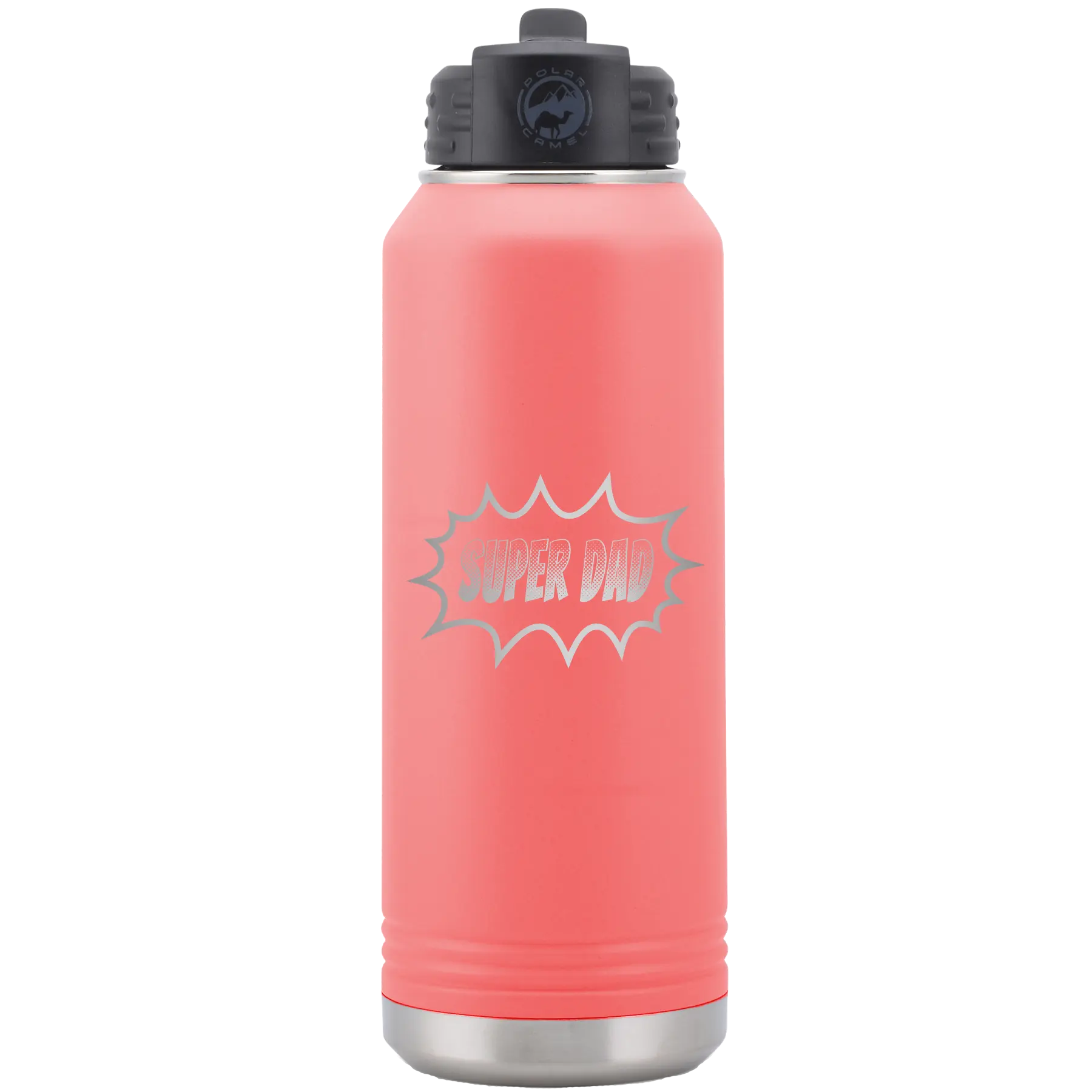 Laser etched coral 32 oz vacuum insulated water bottle with 'Super Dad' design