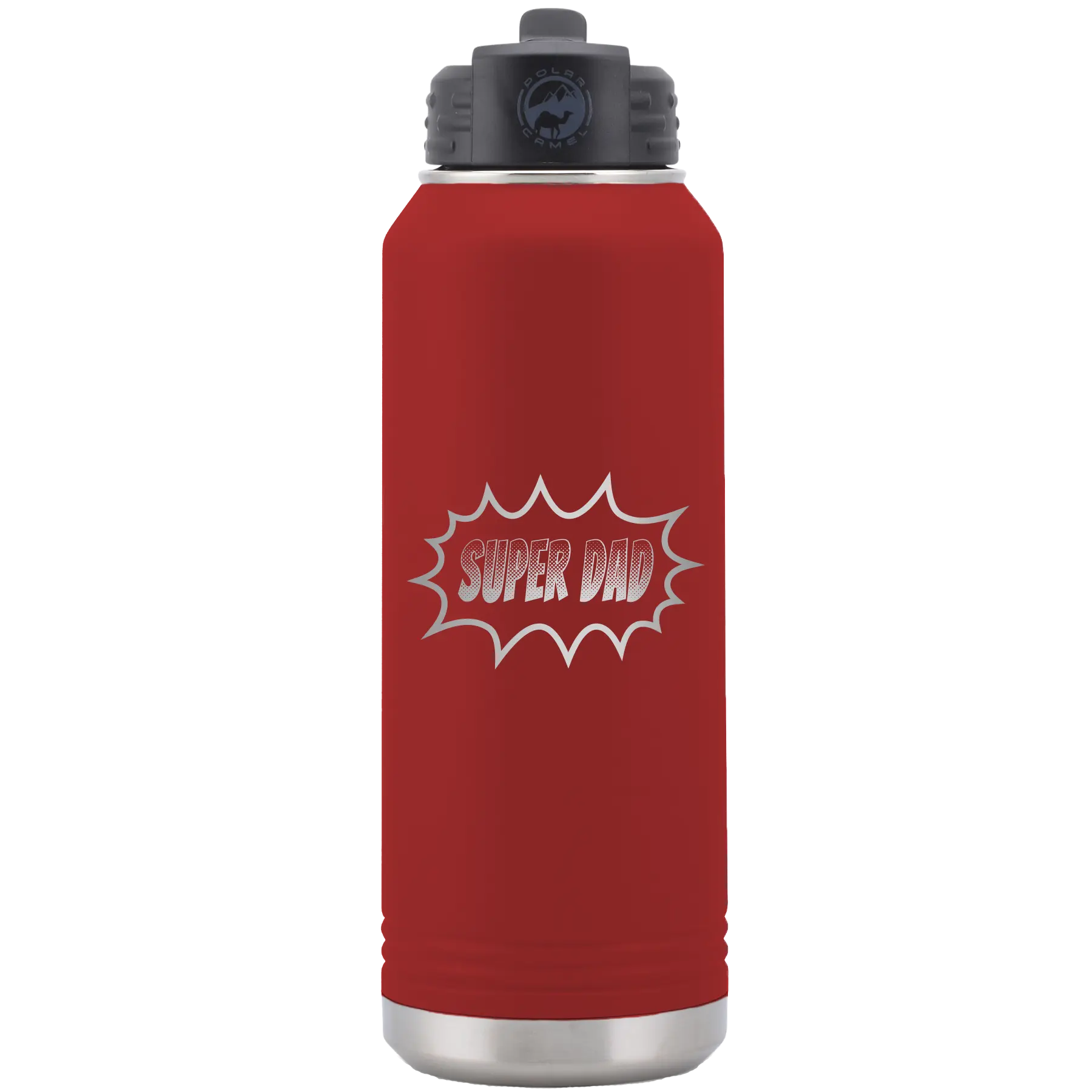 Laser etched maroon 32 oz vacuum insulated water bottle with 'Super Dad' design