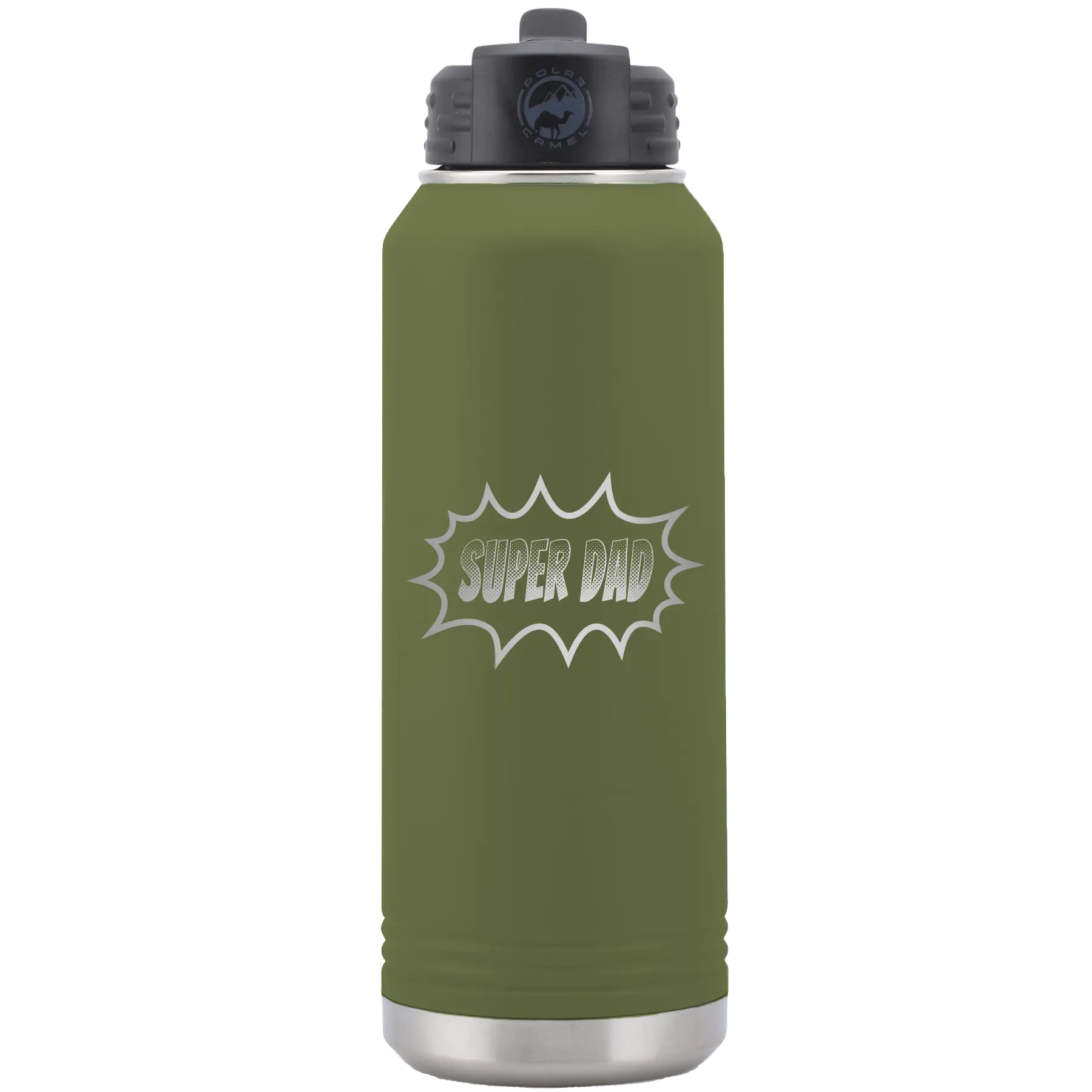 Laser etched olive green 32 oz vacuum insulated water bottle with 'Super Dad' design