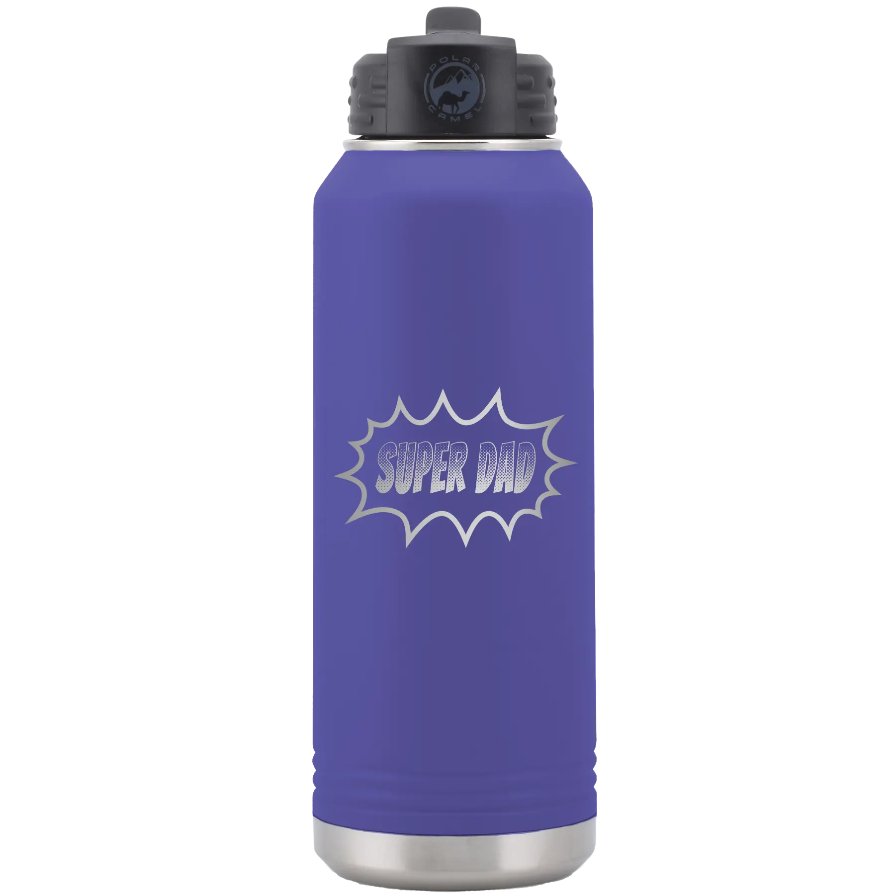 Laser etched purple 32 oz vacuum insulated water bottle with 'Super Dad' design