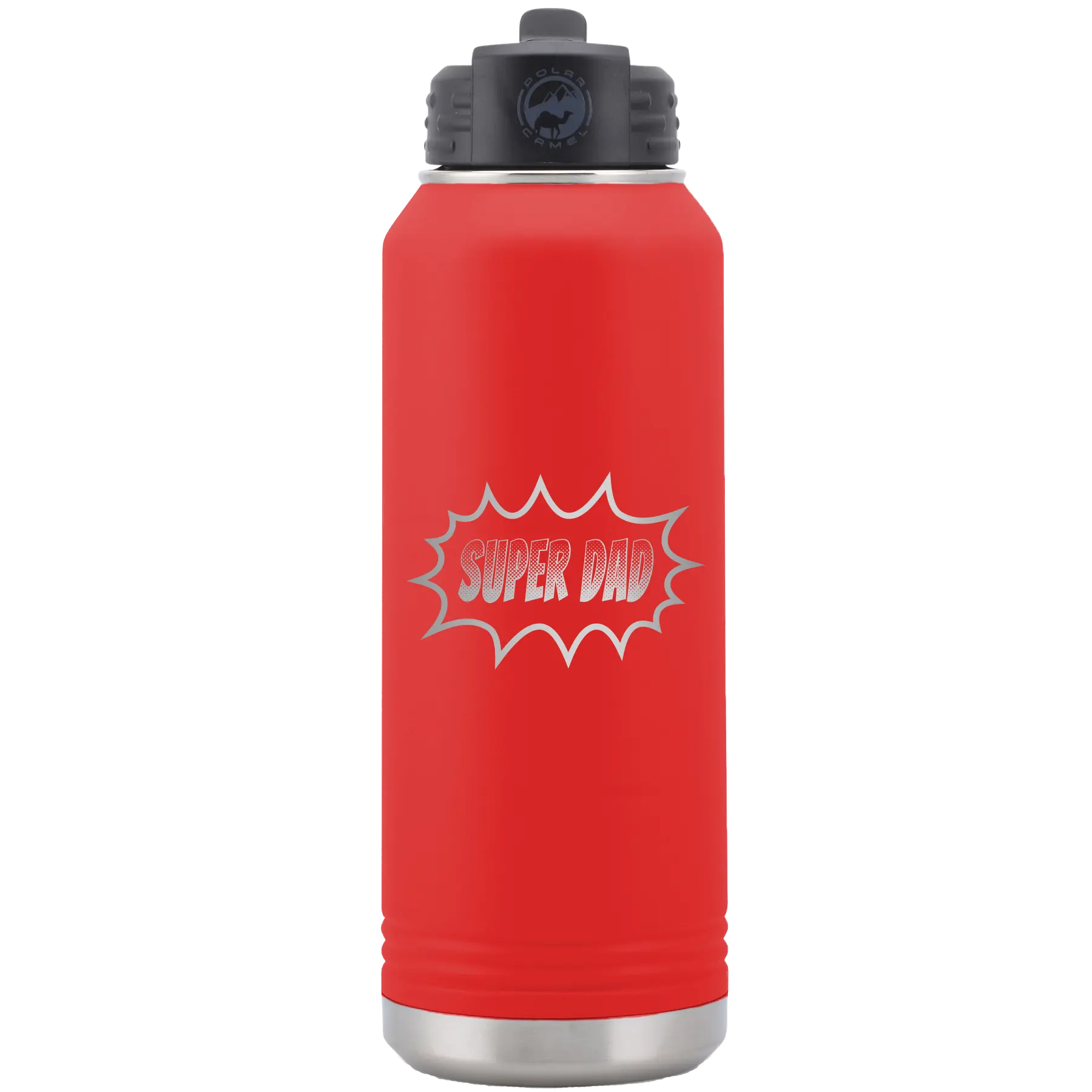 Laser etched red 32 oz vacuum insulated water bottle with 'Super Dad' design