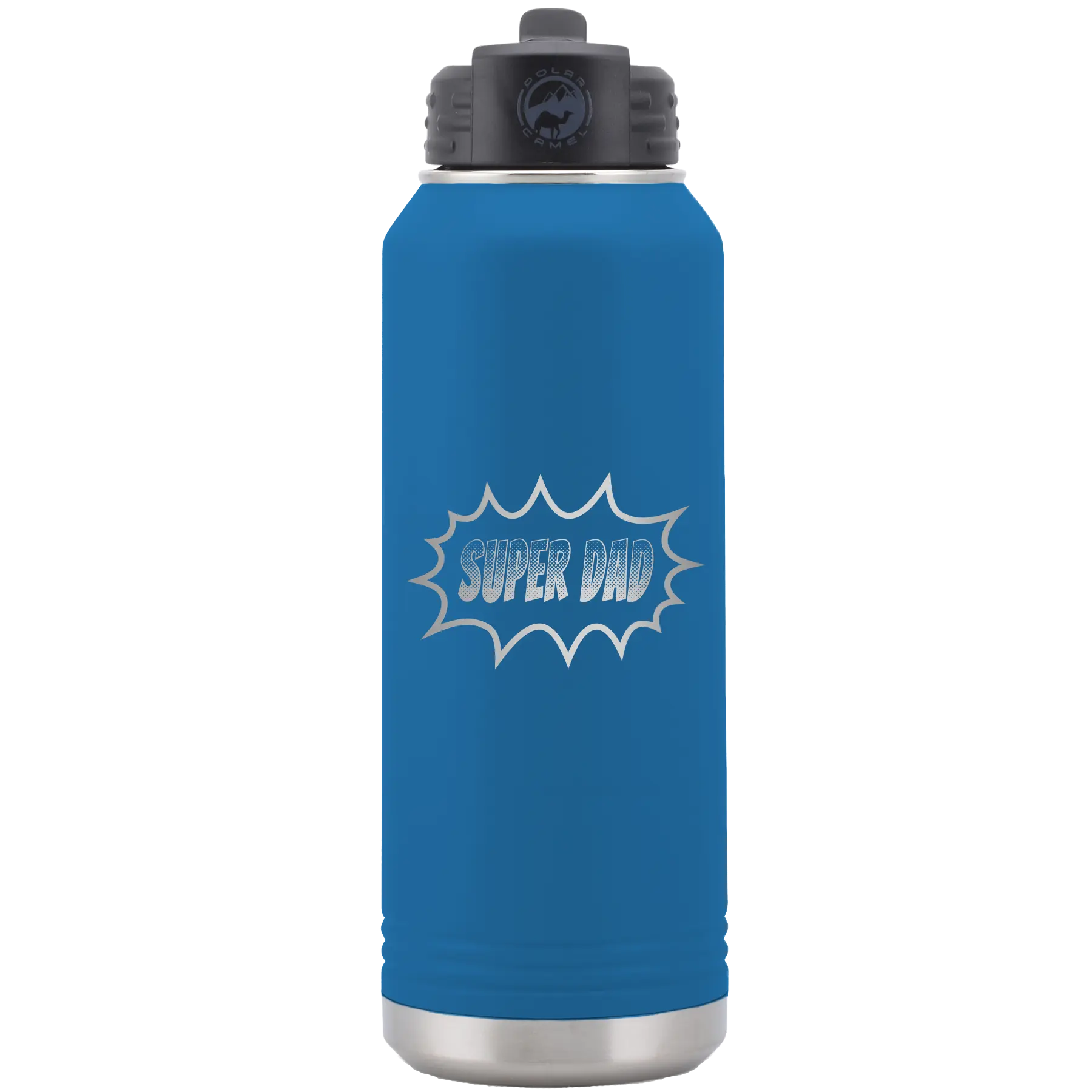 Laser etched royal blue 32 oz vacuum insulated water bottle with 'Super Dad' design